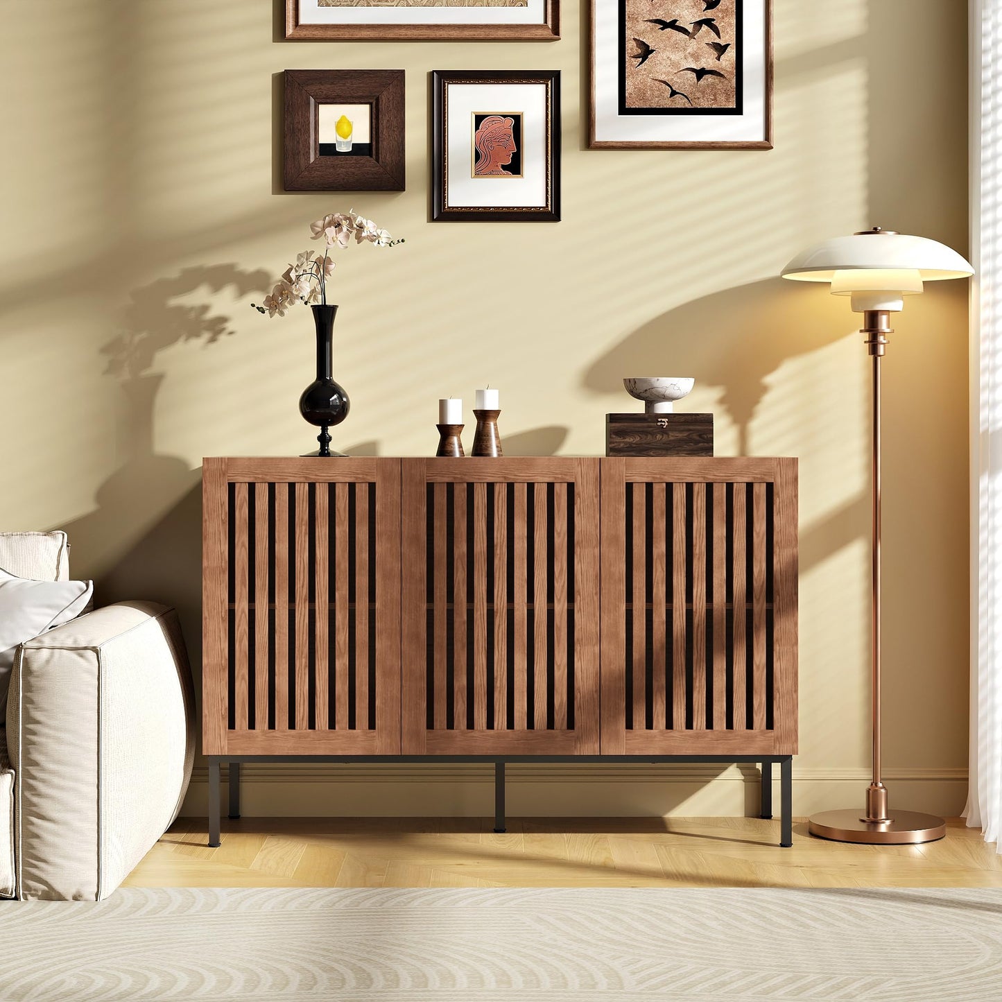 **47" Buffet Cabinet, Modern Credenza Storage Cabinet with Adjustable Shelves and Metal Base, Wood Multifunctional Console Table for Kitchen, Living Room, and Entryway, Brown**