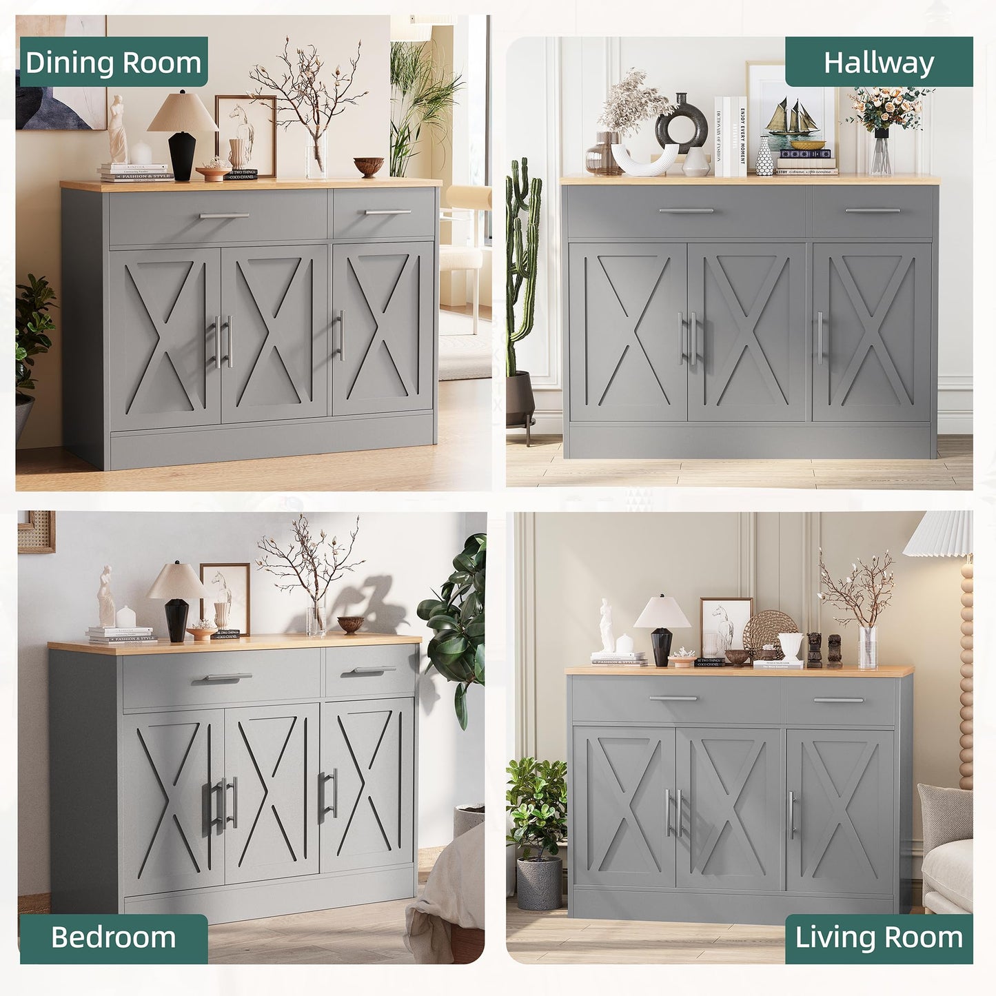 Modern Farmhouse Sideboard Buffet Cabinet with 3 Doors and Adjustable Shelf, 42" Wood Storage Cabinet for Kitchen or Living Room, Grey