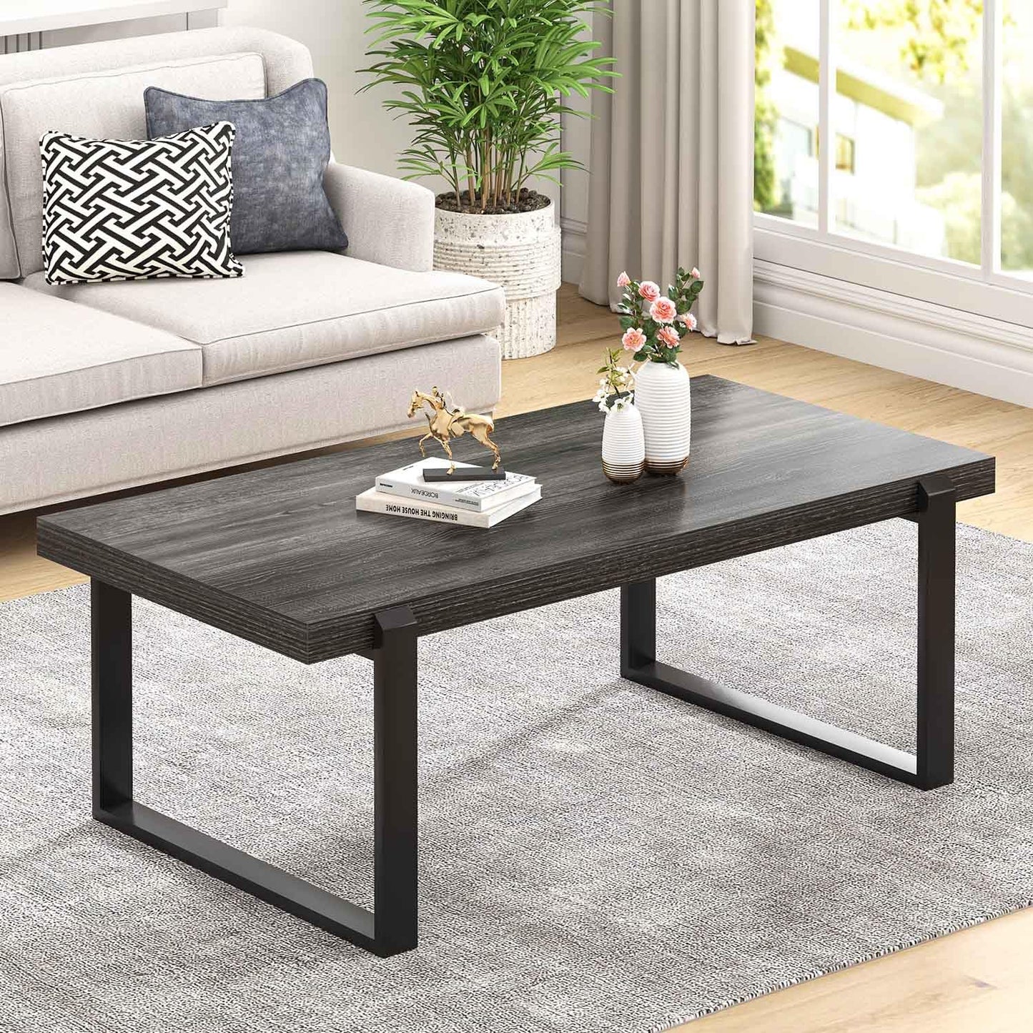 FOLUBAN 47" Industrial Coffee Table – Rustic Dark Gray Wood and Metal Rectangle Center Table for Living Room