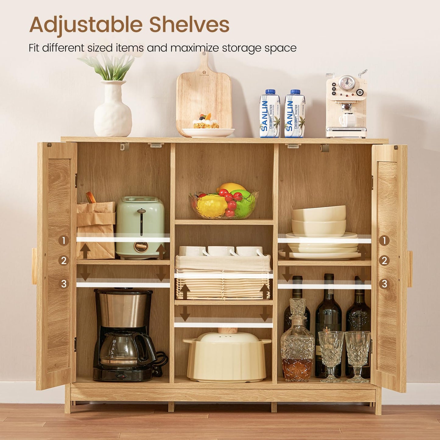 Rattan Storage Cabinet with 4 Adjustable Shelves, Coffee Bar Sideboard Buffet for Kitchen, Living Room, or Entryway, Natural