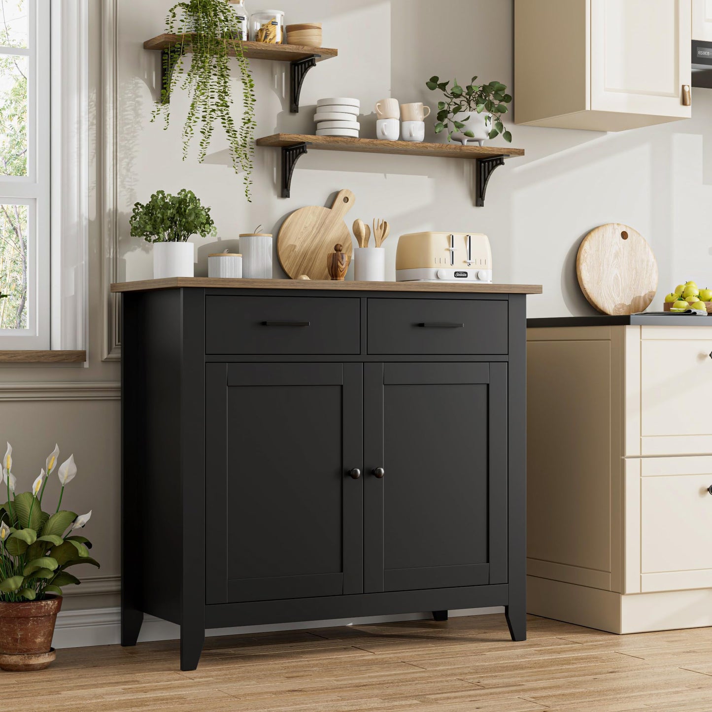 HORSTORS Modern Farmhouse Buffet Cabinet with Storage, Kitchen Sideboard Coffee Bar with 2 Drawers and 2 Doors, Floor Storage Cabinet for Living Room, Dining Room, or Bathroom, Black/Rustic Brown