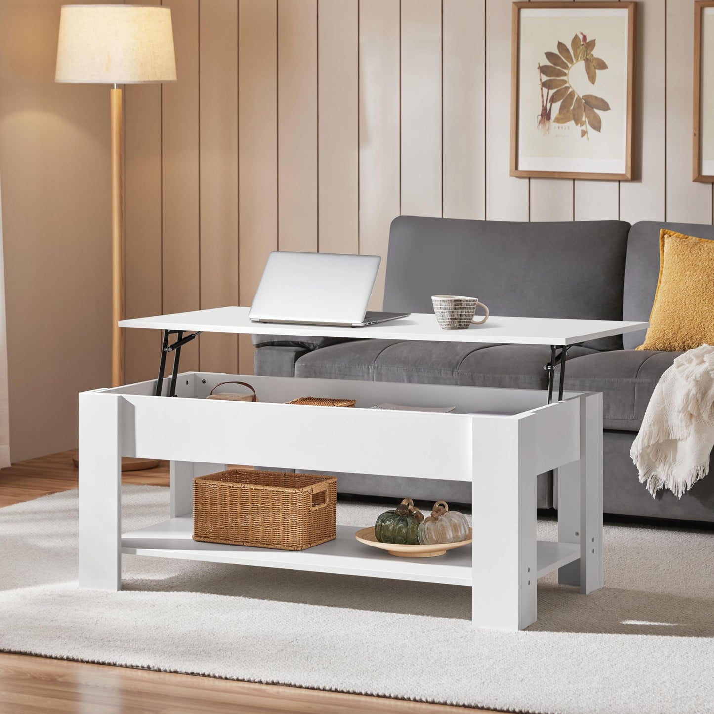 Yaheetech 47.5" Lift Top Coffee Table with Hidden Compartment & Storage Shelf – Rising Tabletop Convertible Dining Table for Living Room or Reception, White