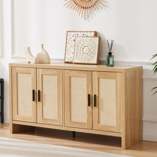 **Rattan Buffet Cabinet with Storage, Sideboard with Doors and Adjustable Shelves, Farmhouse Coffee Bar Station, Modern Wood Cupboard for Kitchen, Living Room, or Dining Room**