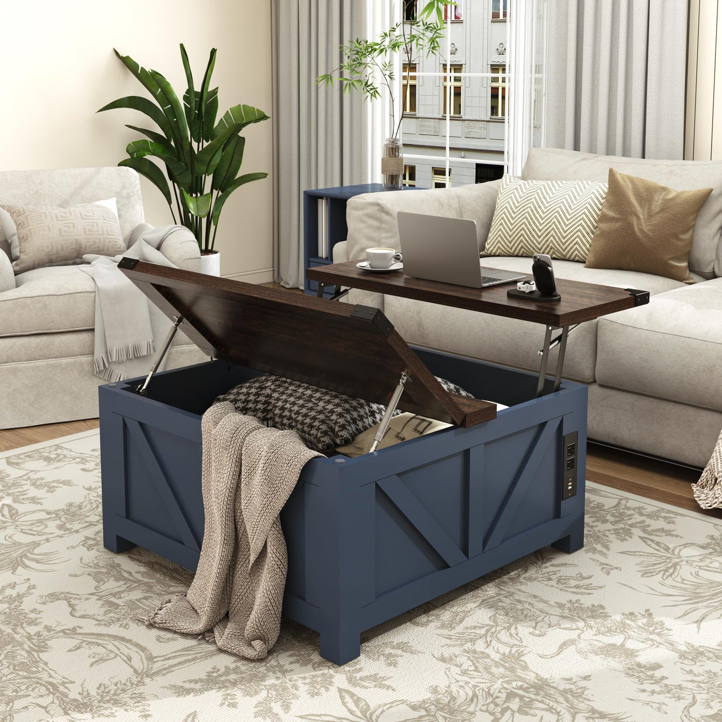Farmhouse Lift Top Coffee Table with Storage and Charging Station – Blue Wood Square Center Table with USB Ports, Hidden Compartment, and Spacious Storage for Living Room, Bedroom, or Home Office