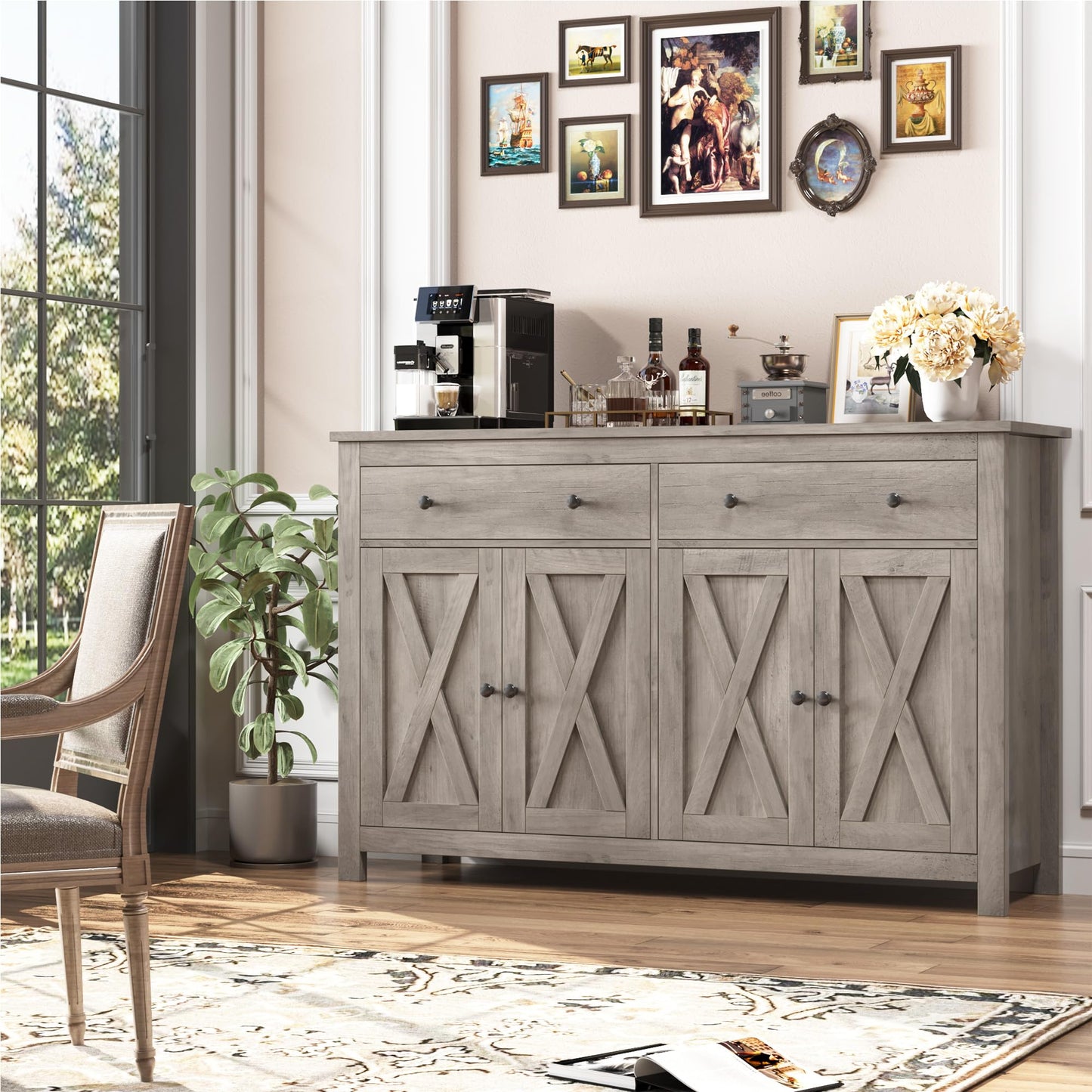 55" Large Sideboard Buffet Cabinet with 2 Drawers and 4 Doors, Wood Storage Buffet Table for Kitchen or Dining Room, Ash Grey
