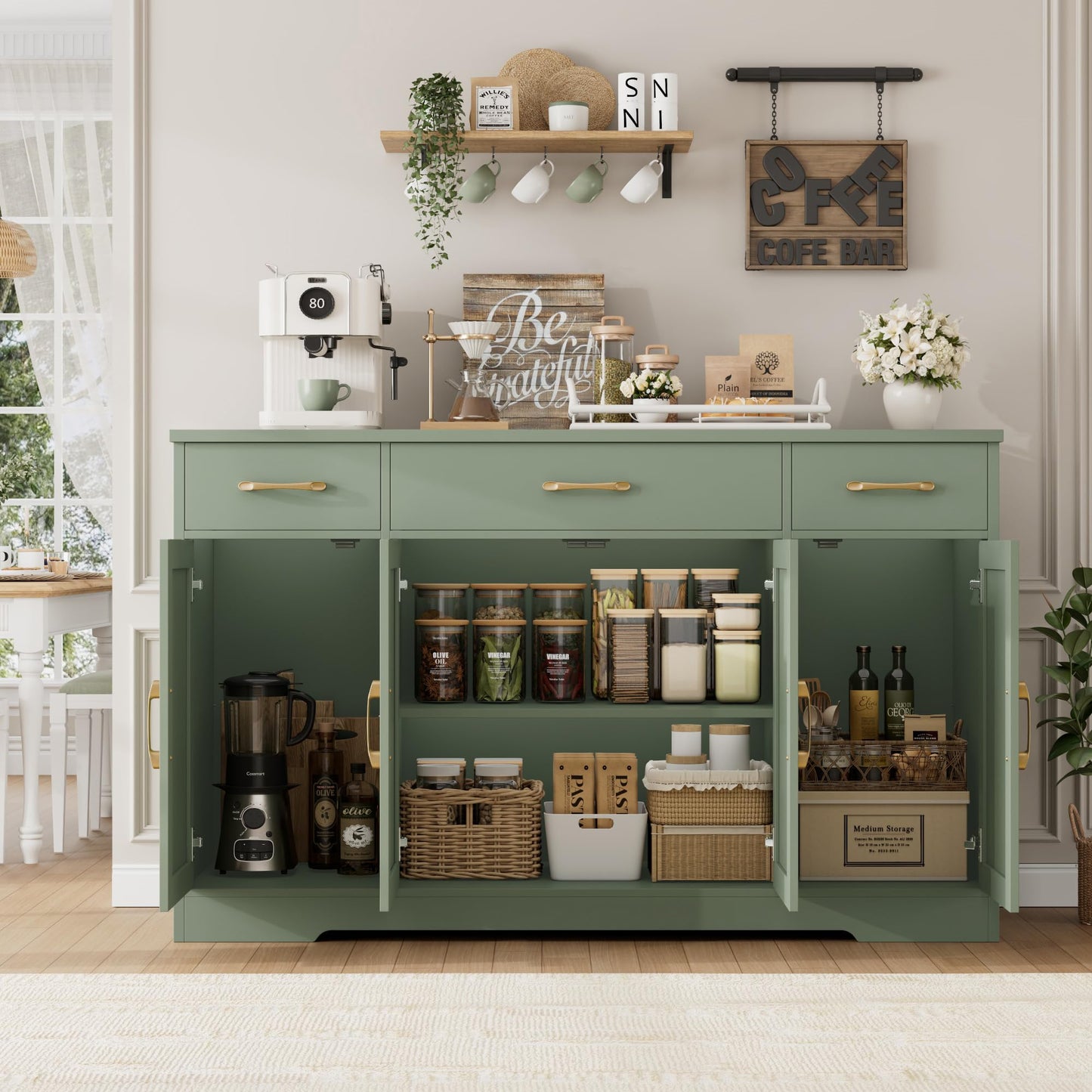 55" Large Buffet Sideboard Cabinet with Drawers, Shelves, and Doors, Modern Farmhouse Coffee Bar Station for Kitchen or Dining Room, Green