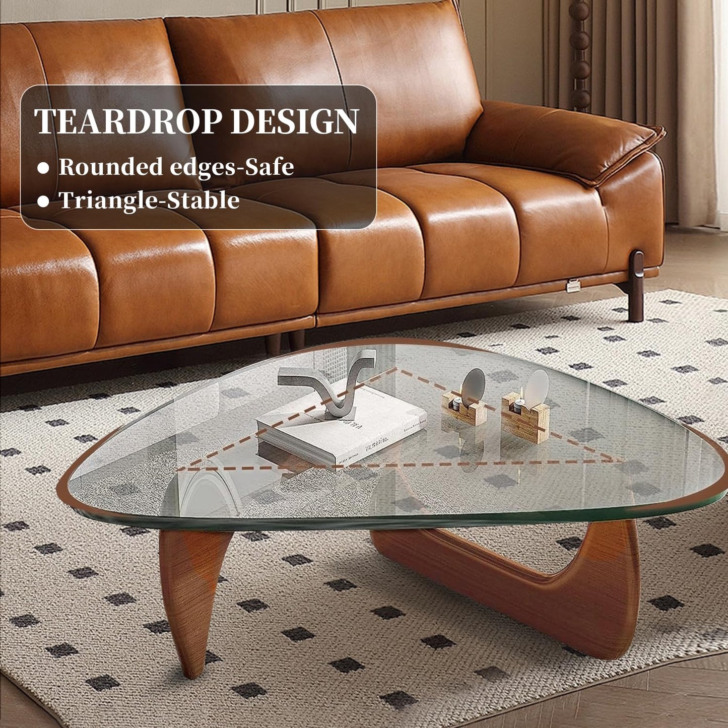 Modern Glass Coffee Table for Living Room, Small Mid-Century Coffee Table with Walnut Base and Transparent Glass Top, Stylish Center Table for Bedroom, Reception, or Office – Medium Size