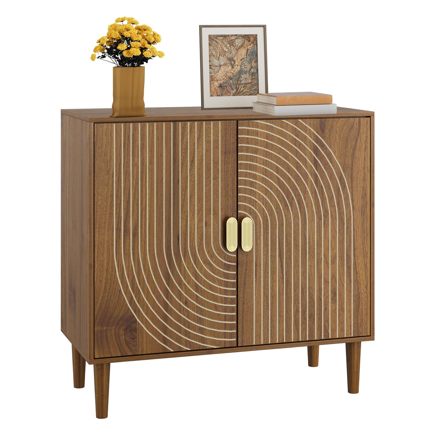 Walnut Sideboard Cabinet with Line Groove Design, Freestanding Wood Buffet Cabinet with Adjustable Shelf for Living Room, Entryway, or Hallway