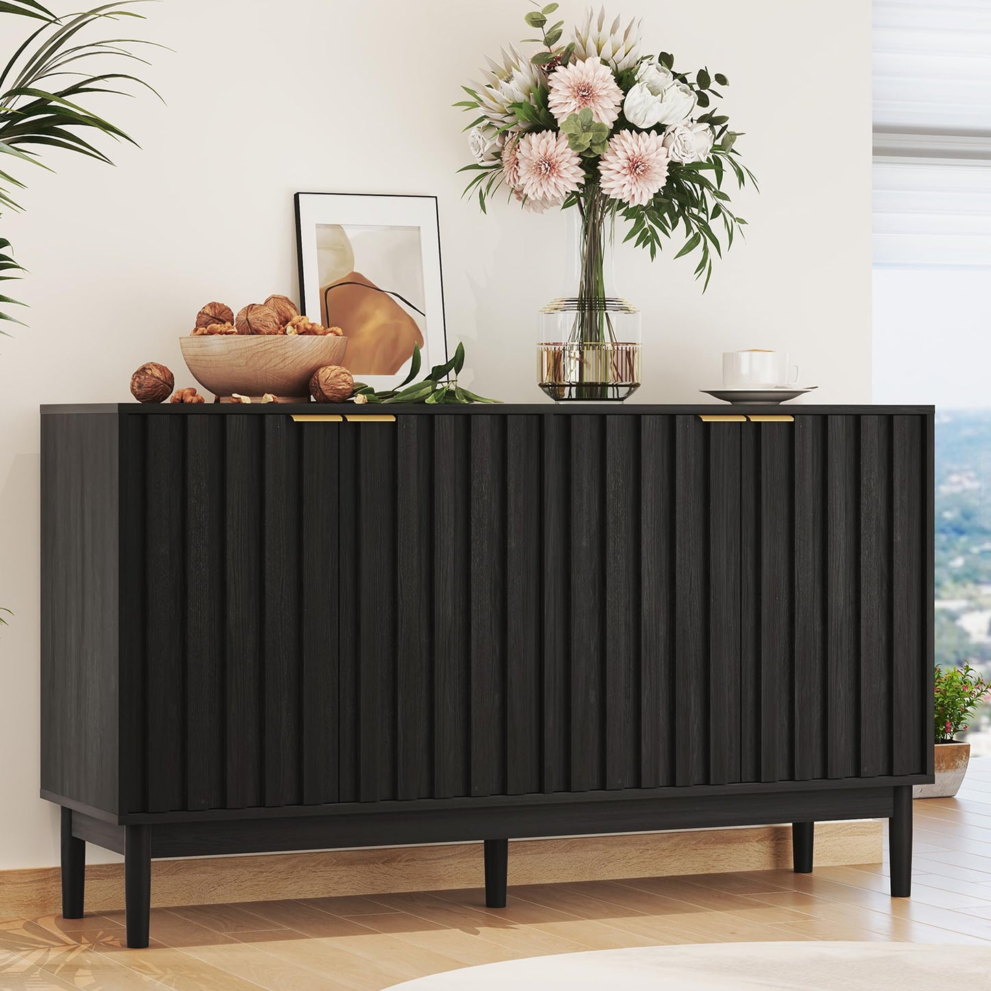 Small Fluted Buffet Cabinet with Door and Adjustable Shelves, Modern Sideboard Storage for Kitchen, Living Room, or Hallway, Black