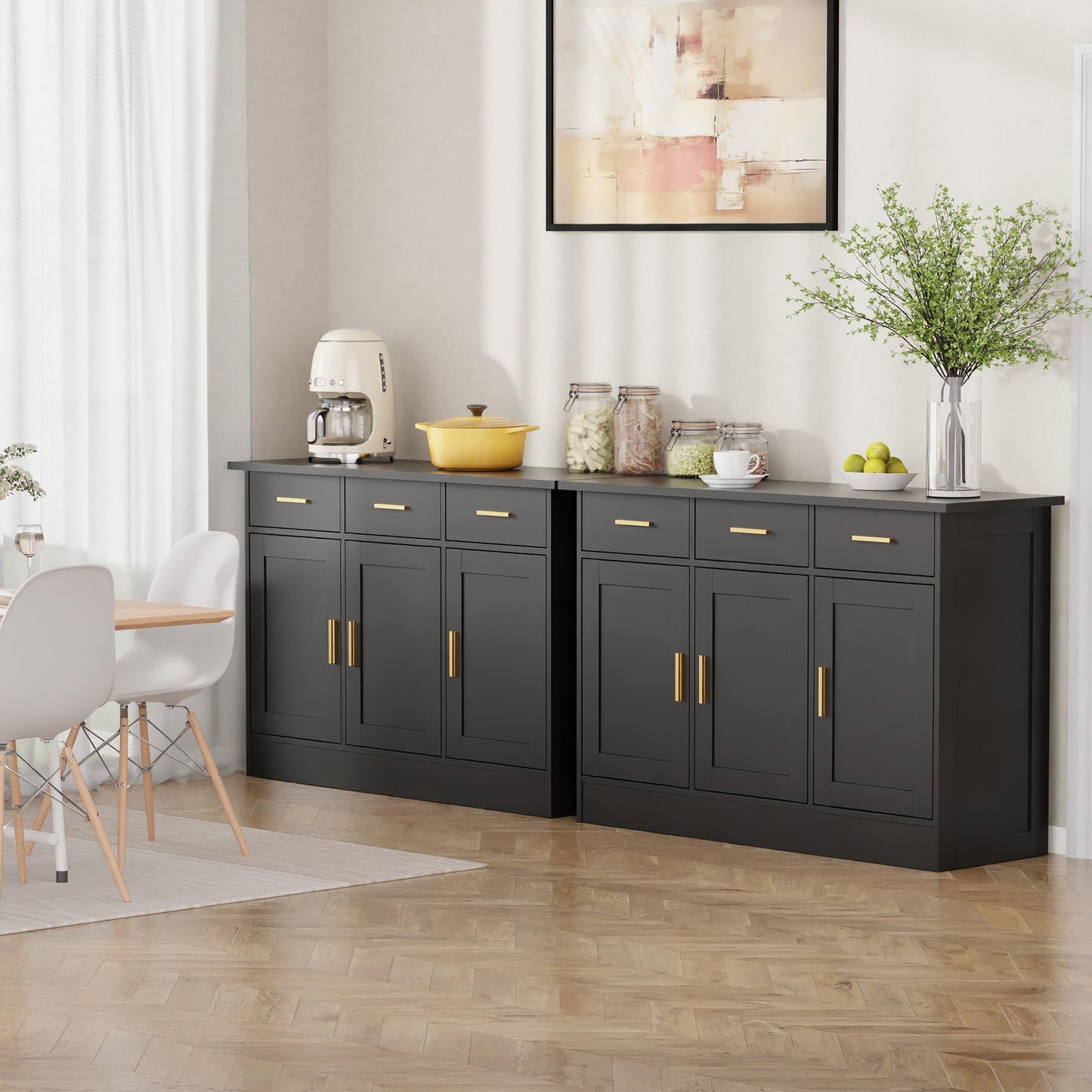 Modern Narrow Sideboard Cabinet with Marble Top, White Buffet Storage Cabinet for Kitchen or Living Room