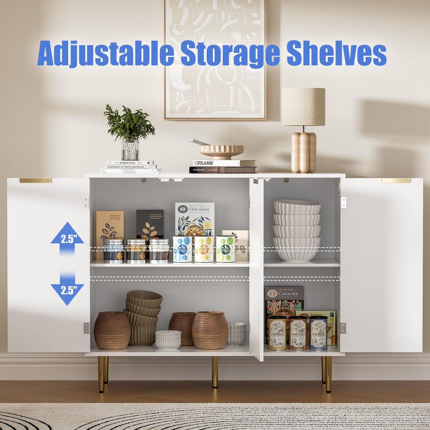 Fluted Sideboard Buffet with 3 Doors and Adjustable Shelves, Modern Kitchen Storage Cabinet with Gold Handles, Coffee Bar for Living Room or Kitchen, White