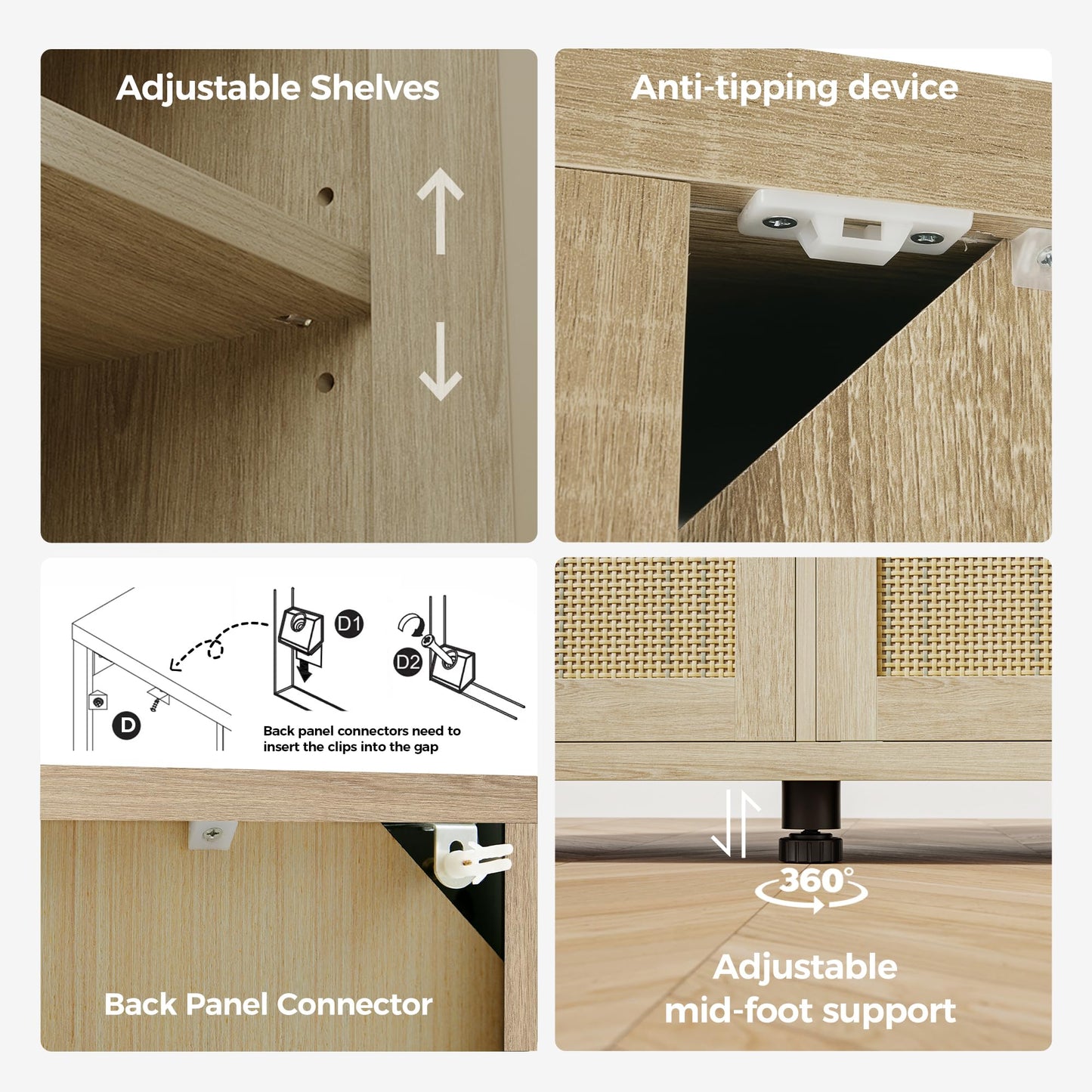 **Rattan Buffet Cabinet with Storage, Sideboard with Doors, TV Stand, Farmhouse Coffee Bar, Modern Wood Storage Cabinet for Living Room, Kitchen, or Dining Room, Oak**