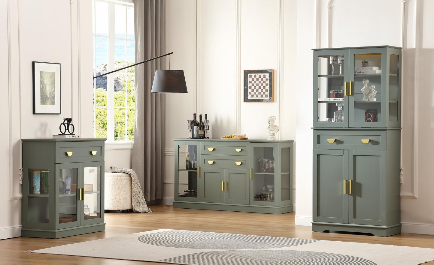 **58.27'' Buffet Cabinet with 2 Drawers and Adjustable Shelves, Large Glass Door Coffee Bar Cabinet, Modern Farmhouse Sideboard Credenza for Kitchen, Dining Room, Green**