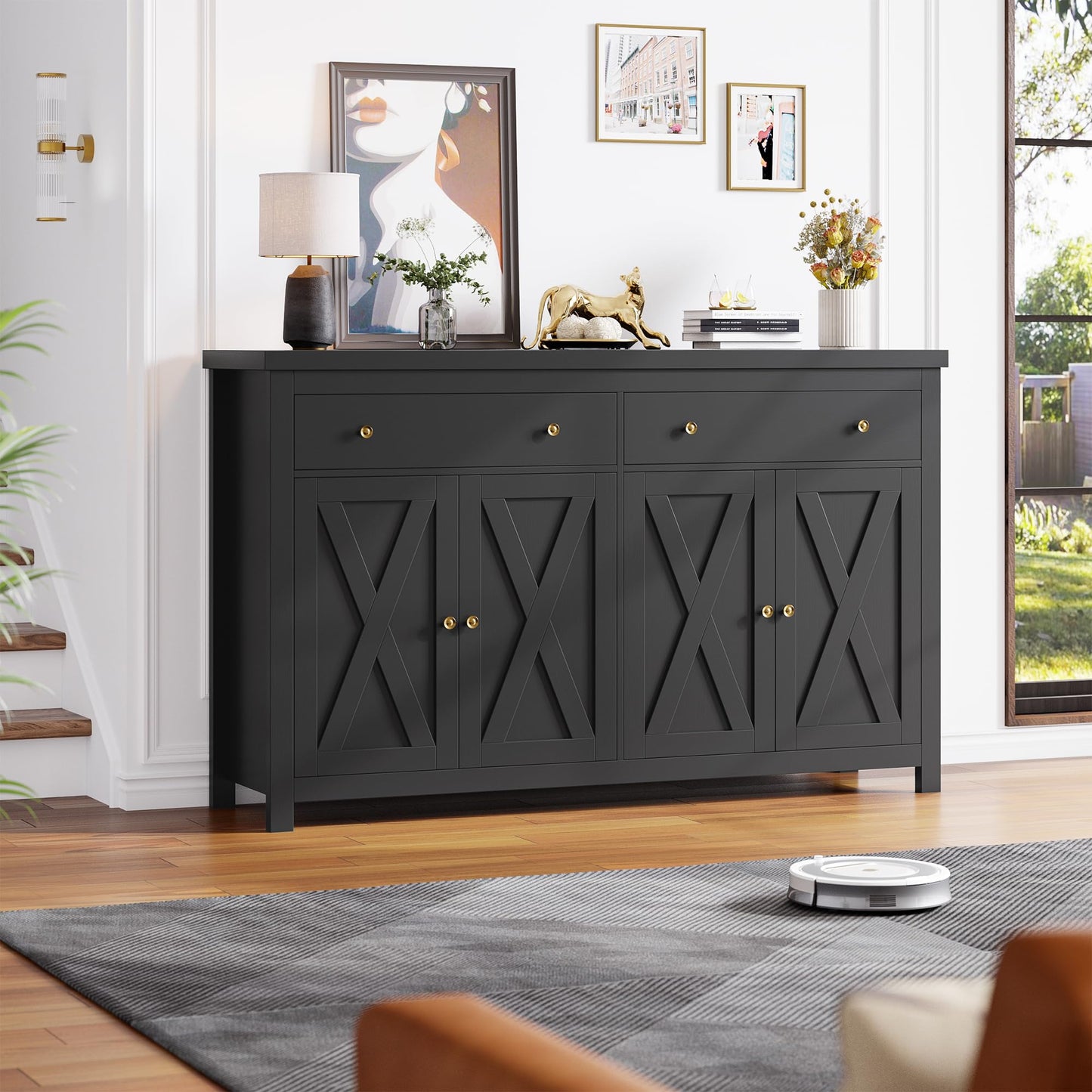 55" Large Sideboard Buffet Cabinet with 2 Drawers and 4 Doors, Wood Storage Buffet Table for Kitchen or Dining Room, Black