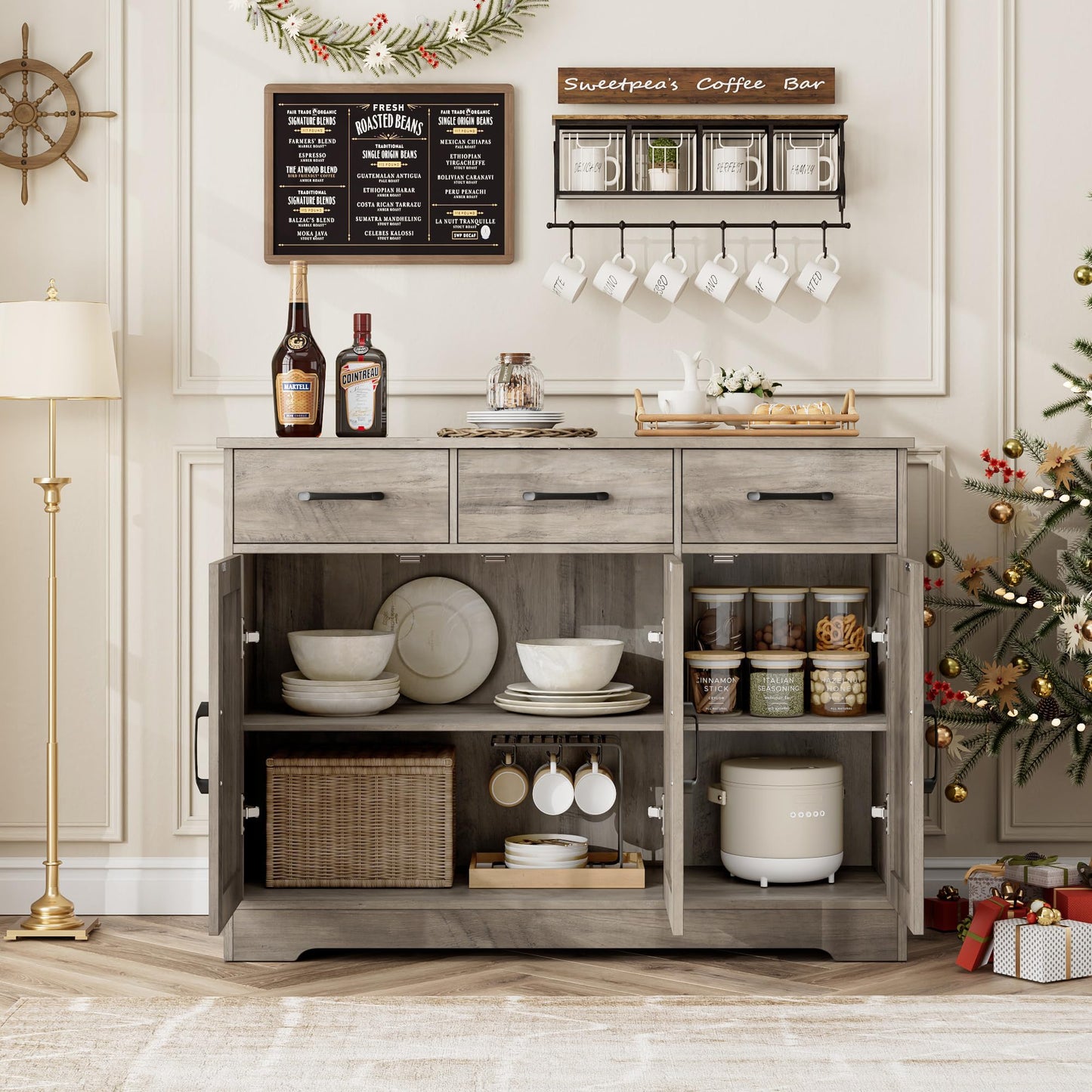 **HOSTACK Modern Farmhouse Buffet Sideboard Cabinet with Barn Doors, Drawers, and Shelves, Wood Coffee Bar Storage Cabinet for Dining Room, Kitchen, or Living Room, Ash Grey**