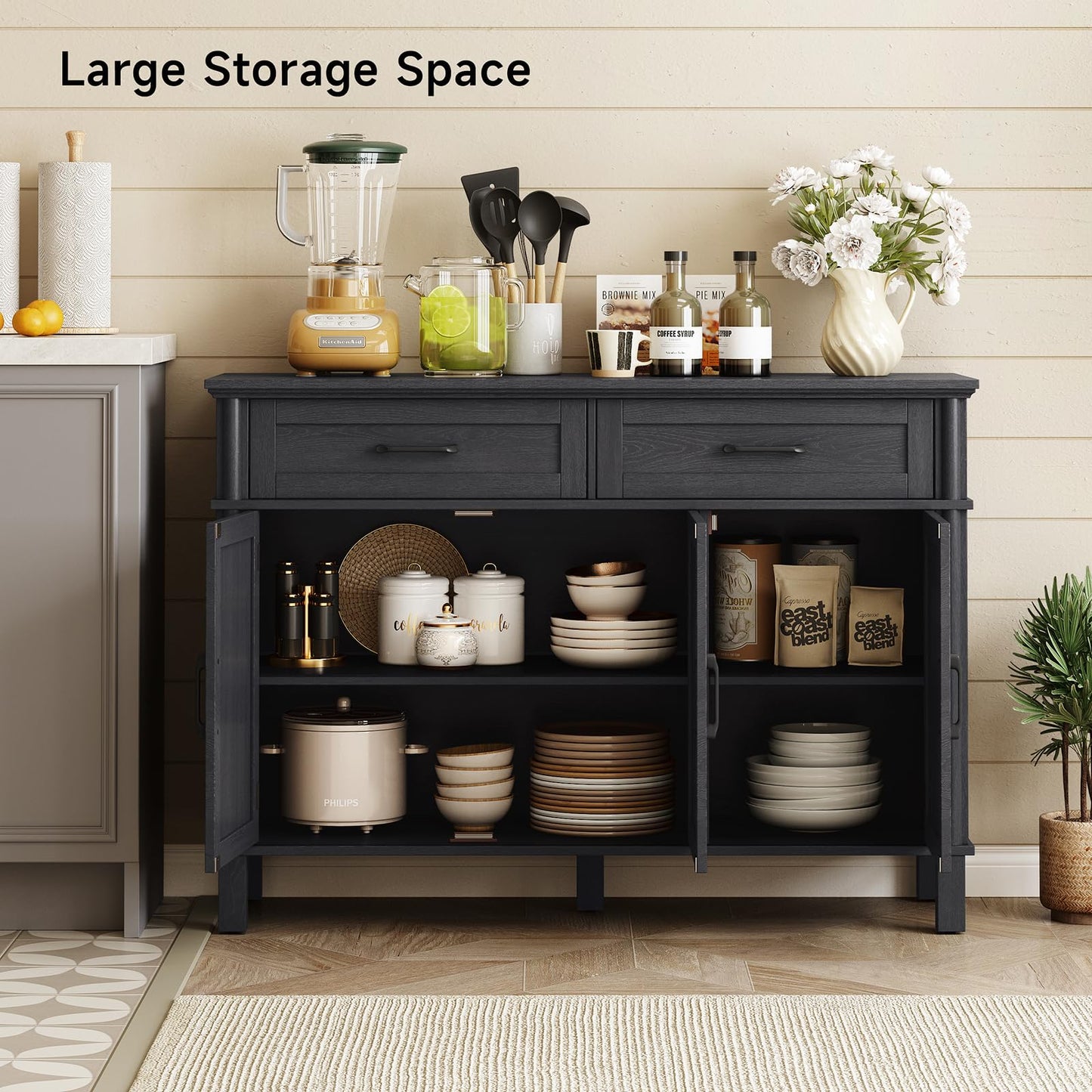 48" Farmhouse Buffet Sideboard Cabinet with 2 Drawers and 3 Doors, Wood Coffee Bar Cabinet with Adjustable Shelves for Kitchen or Living Room, Black