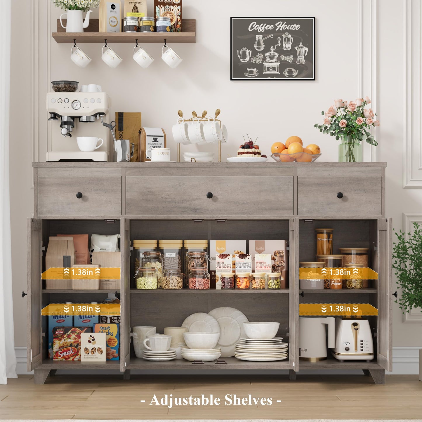 **HIFIT 55" Large Kitchen Buffet Cabinet with Storage, Farmhouse Sideboard with Drawers, Doors, and Shelves, Wood Coffee Bar for Kitchen, Dining, or Living Room, Ash Grey**