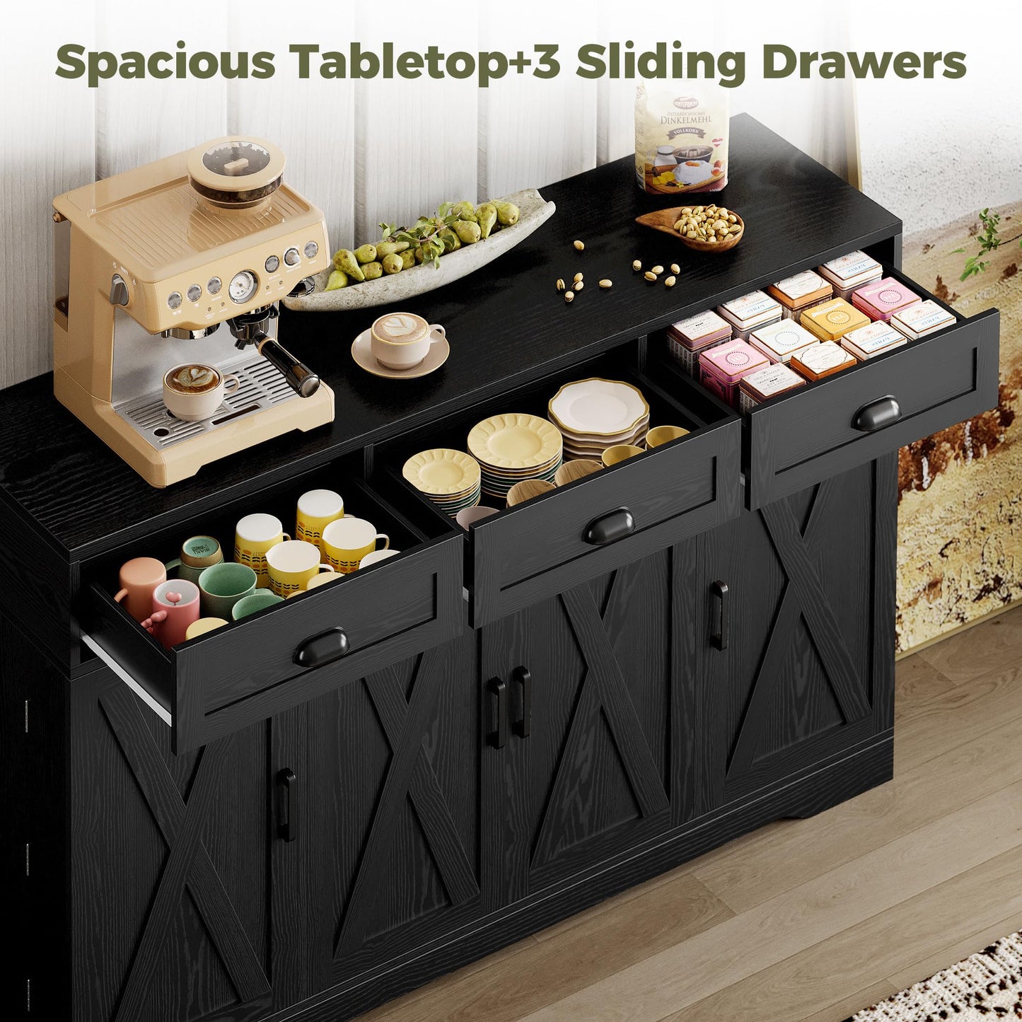 Buffet Cabinet with 4 Doors, 3 Drawers, and 6 Adjustable Shelves, Modern Sideboard Coffee Bar Storage for Kitchen or Dining Room, Black