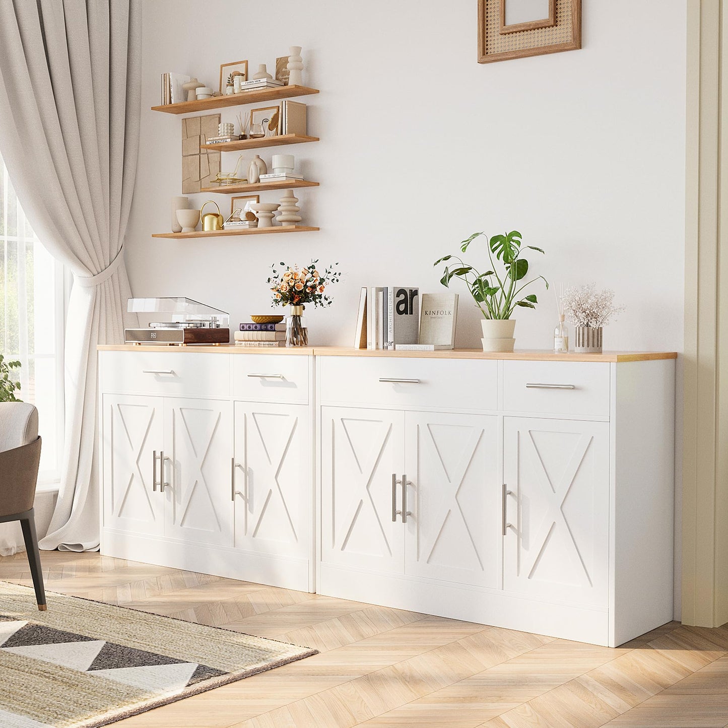 42" Modern Farmhouse Sideboard Buffet Cabinet with 3 Barn Doors and Adjustable Shelf, Wood Coffee Bar Storage for Kitchen or Living Room, White