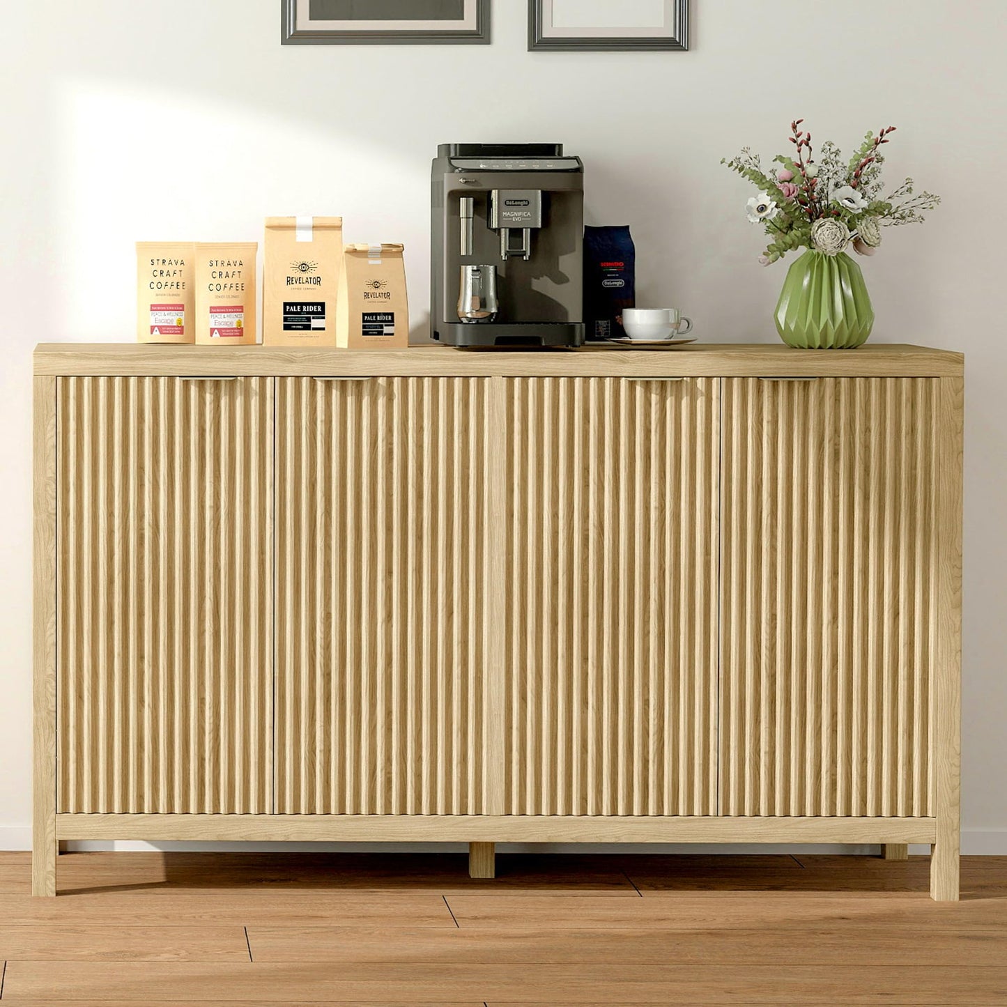 Fluted Sideboard Buffet Cabinet with 4 Doors and Adjustable Shelves, Modern Credenza Coffee Bar Table, Natural Oak