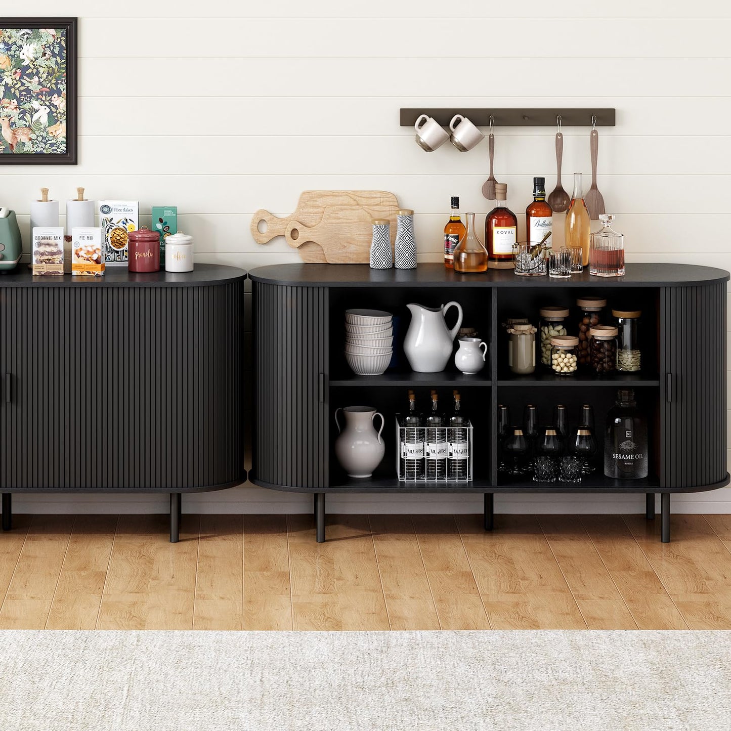 **55" Sideboard Buffet Cabinet with Storage, Sliding Door & Adjustable Shelf, Modern Accent Coffee Bar Console Table for Kitchen or Entryway, Black**
