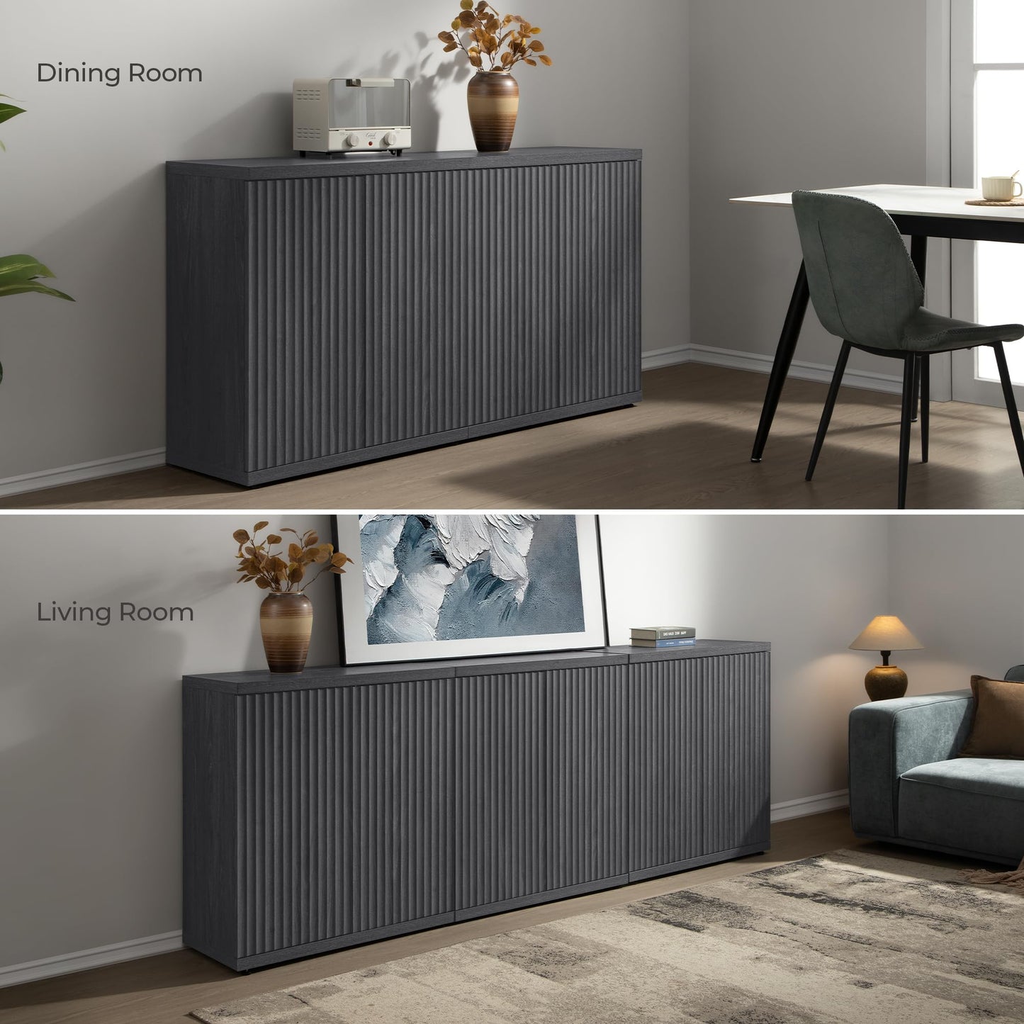 **SICOTAS 3-Piece Buffet Cabinet Set with Storage, Modern Fluted Sideboards and Credenzas with Doors & Shelves, Mid-Century Coffee Bar Media Console for Living Room, Kitchen, Dining Room, or Hallway**