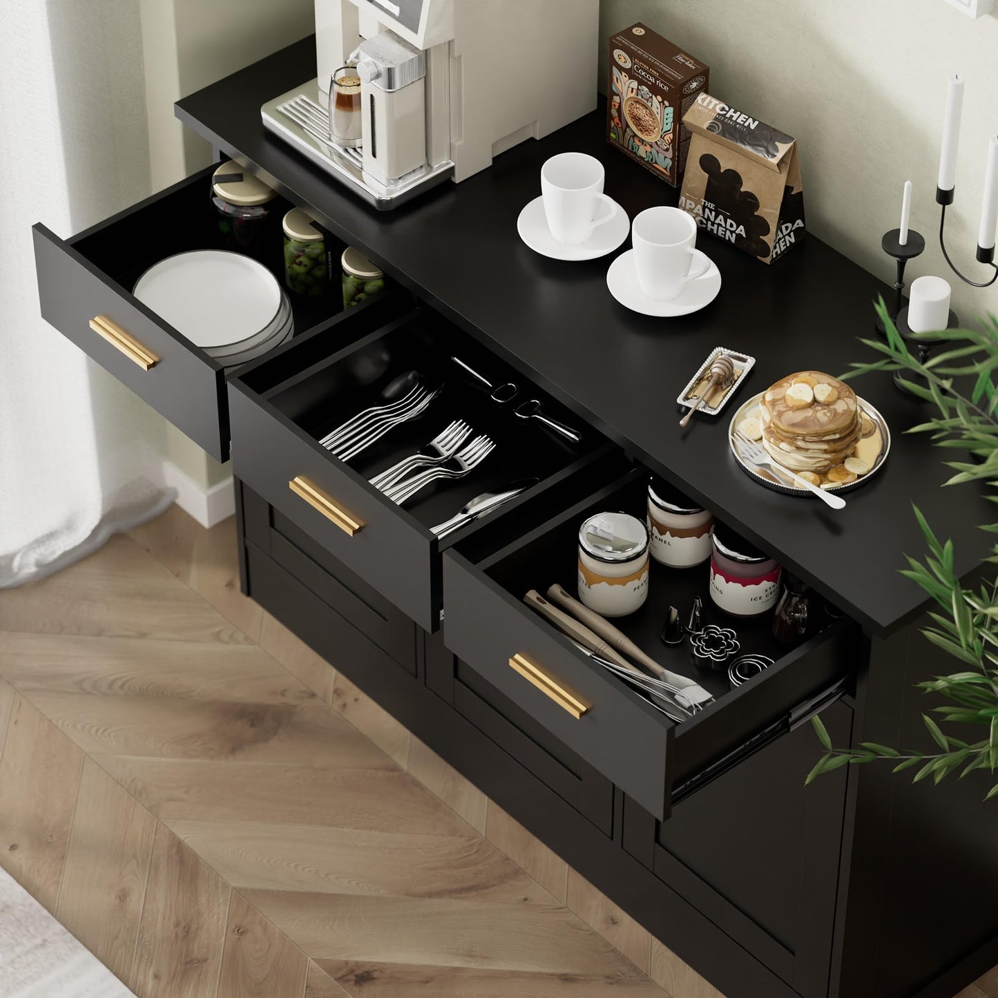 Modern Narrow Sideboard Cabinet with Marble Top, White Buffet Storage Cabinet for Kitchen or Living Room