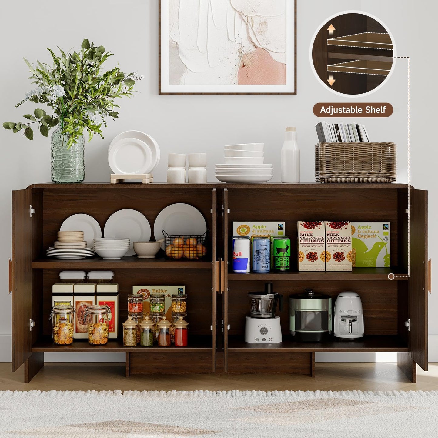 60" Curved Sideboard Buffet Cabinet with 4 Doors and Adjustable Shelves, Farmhouse Coffee Bar Storage for Living Room, Kitchen, or Hallway, Walnut