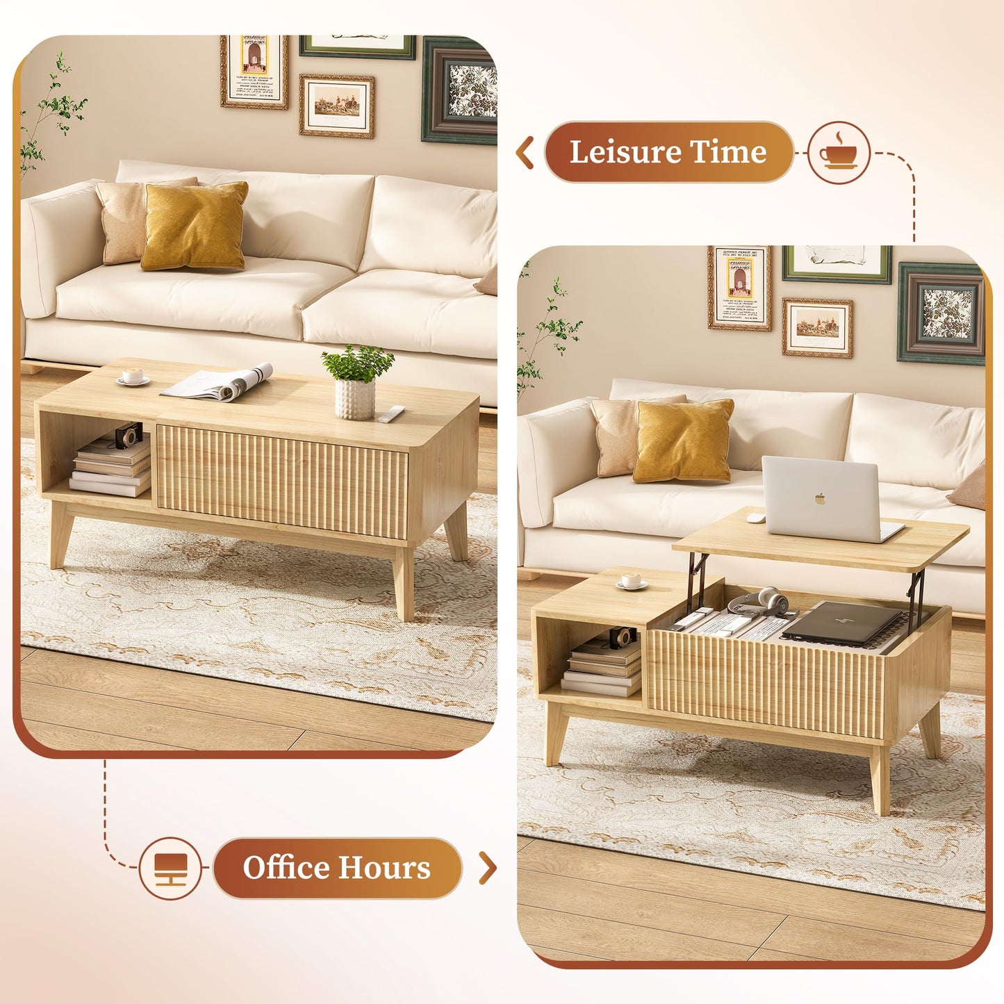 LYNCOHOME Fluted Lift Top Coffee Table with Hidden Compartment – Modern Center Table for Living Room or Home Office, Natural Finish