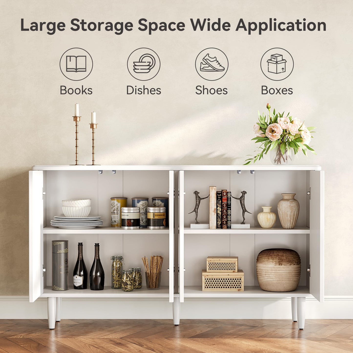 **LITTLE TREE 59" Buffet Cabinet Sideboard with Storage, Modern Sideboard Buffet Table with Doors for Living Room and Dining Room, White**