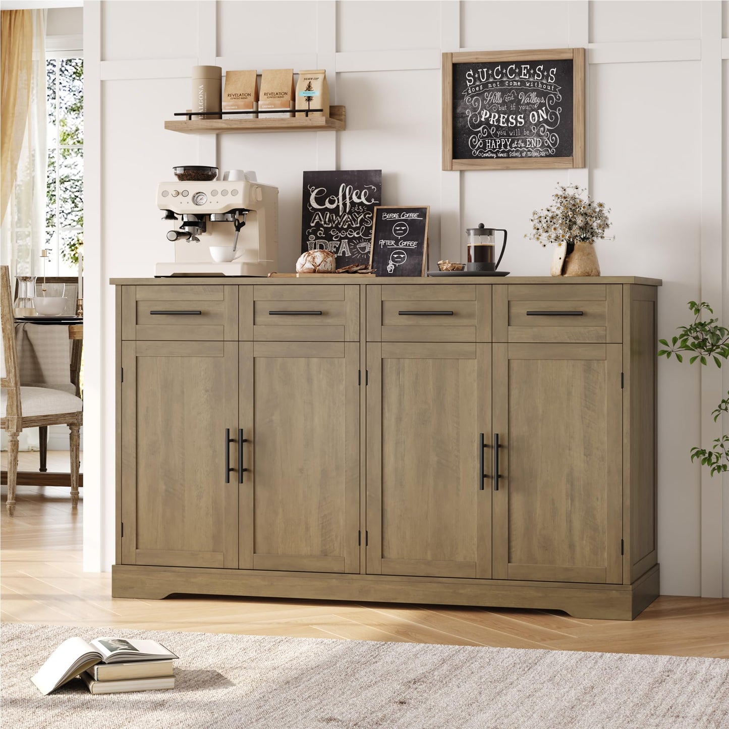 60" Large Buffet Sideboard with 4 Drawers and Storage, 36" Tall Modern Kitchen Cabinet with Black Handles, Rustic Brown