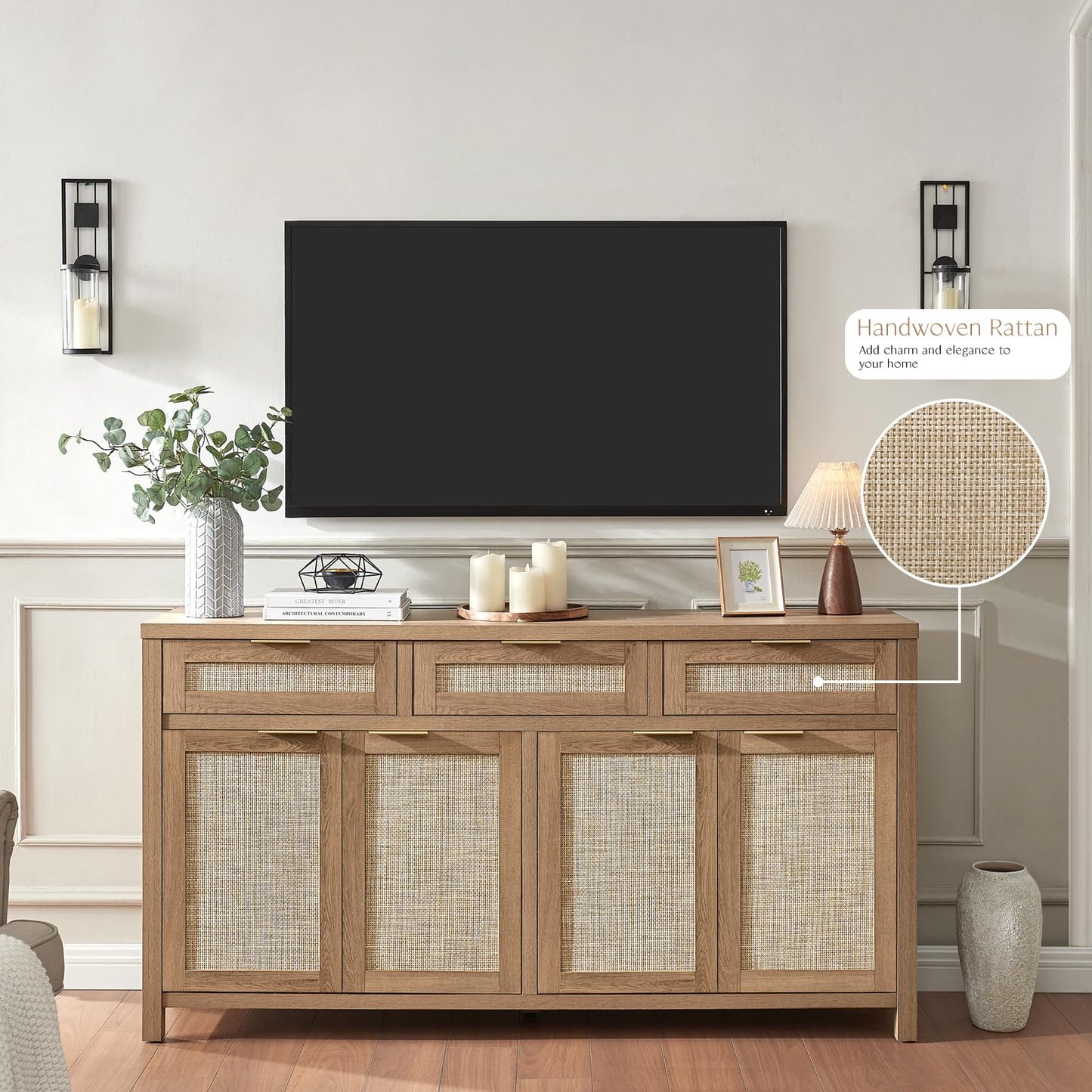 Boho Rattan Sideboard Buffet Cabinet with 4 Doors and 3 Drawers, Farmhouse Storage Credenza with Adjustable Shelves for Living Room, Hallway, or Kitchen