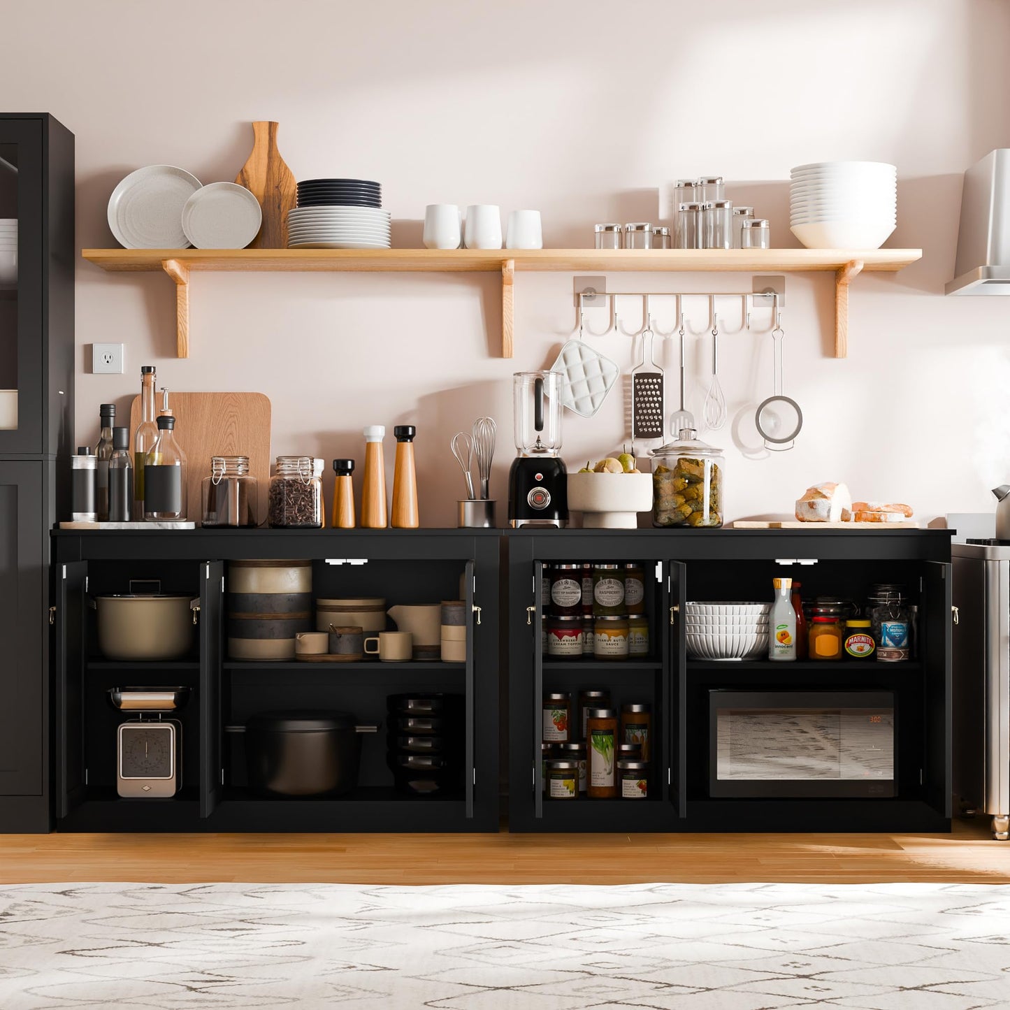 44.5" Black Buffet Cabinet with Storage, Wood Console Table Coffee Bar Sideboard for Kitchen, Dining, Living Room, or Entryway