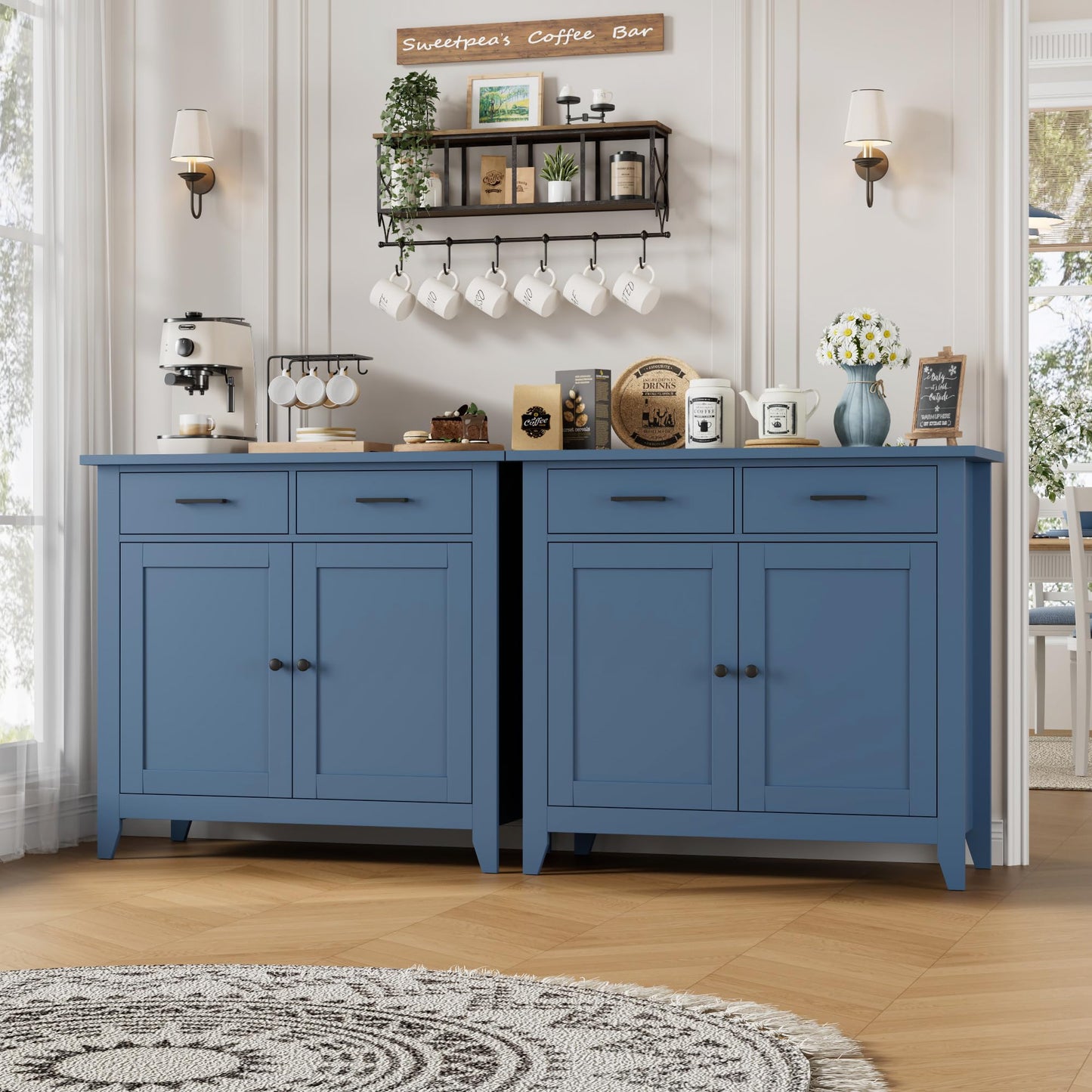 HORSTORS Modern Farmhouse Buffet Cabinet with Storage, Kitchen Sideboard Coffee Bar with 2 Drawers and 2 Doors, Floor Storage Cabinet for Living Room, Dining Room, or Bathroom, Blue