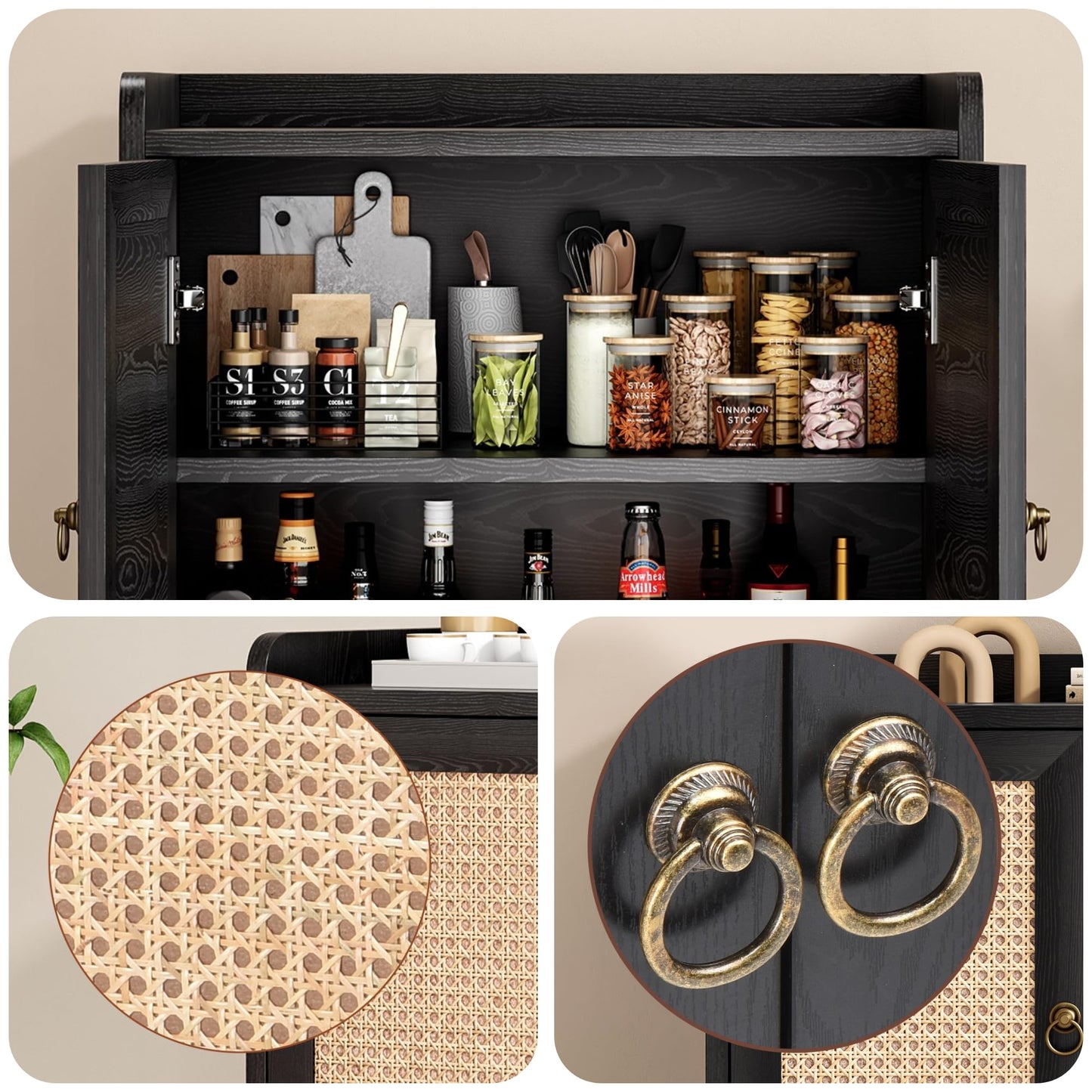 Rattan Buffet Cabinet with Round Pull Rings, Sideboard with 2 Doors and Ample Storage, Bar Liquor Shelf for Living Room or Hallway, Black