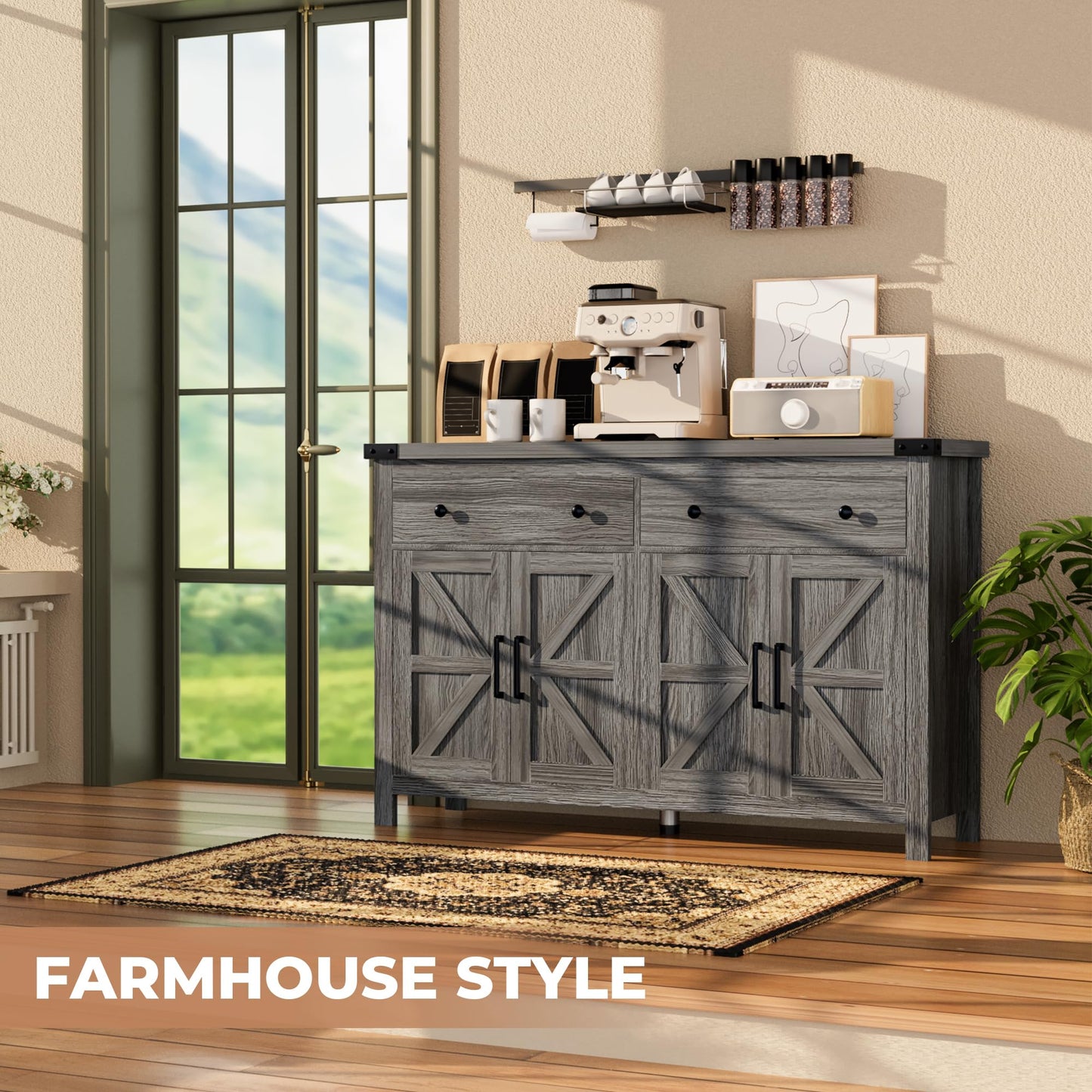 55" Modern Farmhouse Sideboard Buffet Cabinet with Storage, Grey Wood Coffee Bar Cabinet with 2 Drawers & 4 Barn Doors, Long Storage Cabinet for Kitchen, Dining Room & Living Room