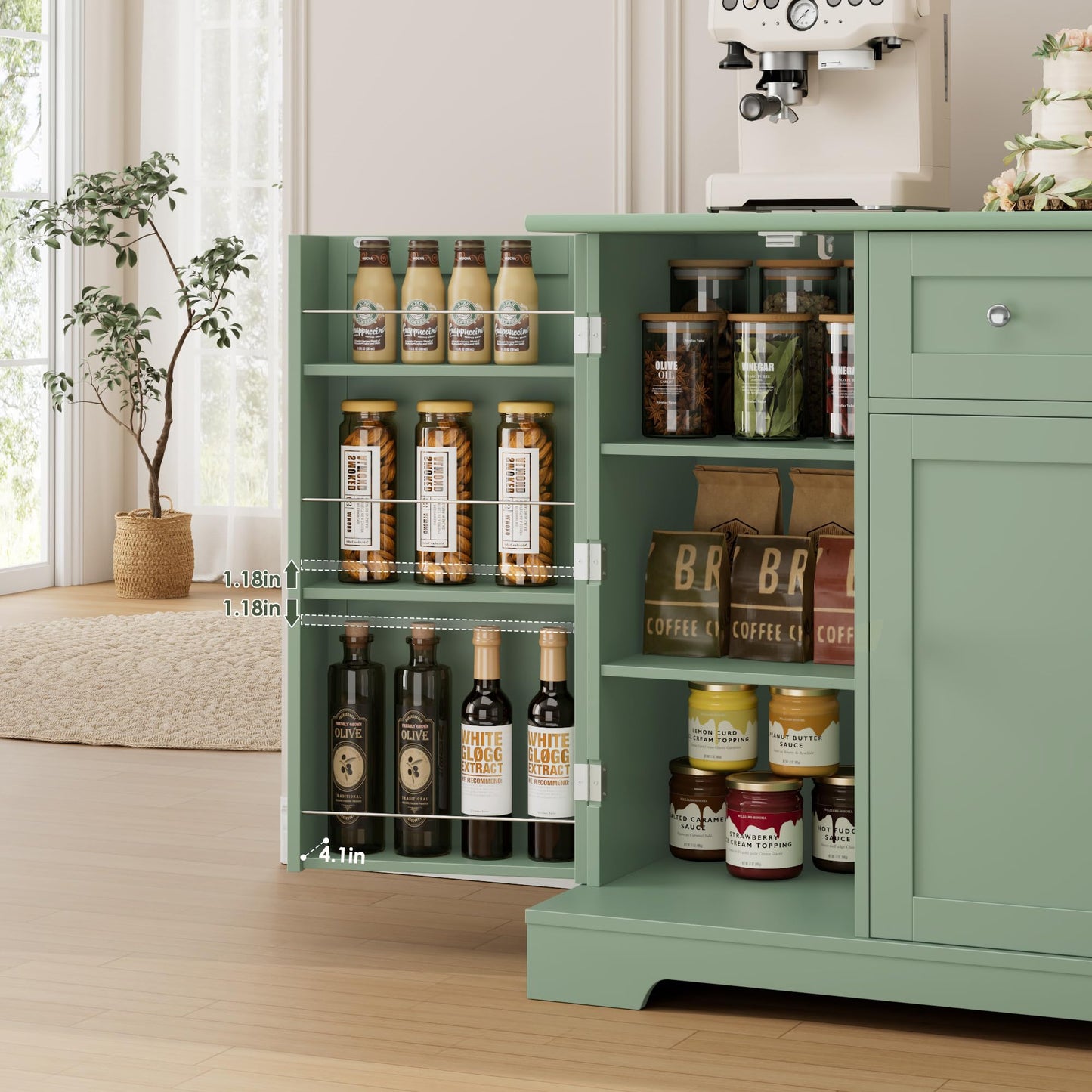 **HITHOS 54" Modern Buffet Cabinet with Storage, Green Kitchen Sideboard with Drawer, Wood Coffee Bar Station with Adjustable Shelves for Living Room**