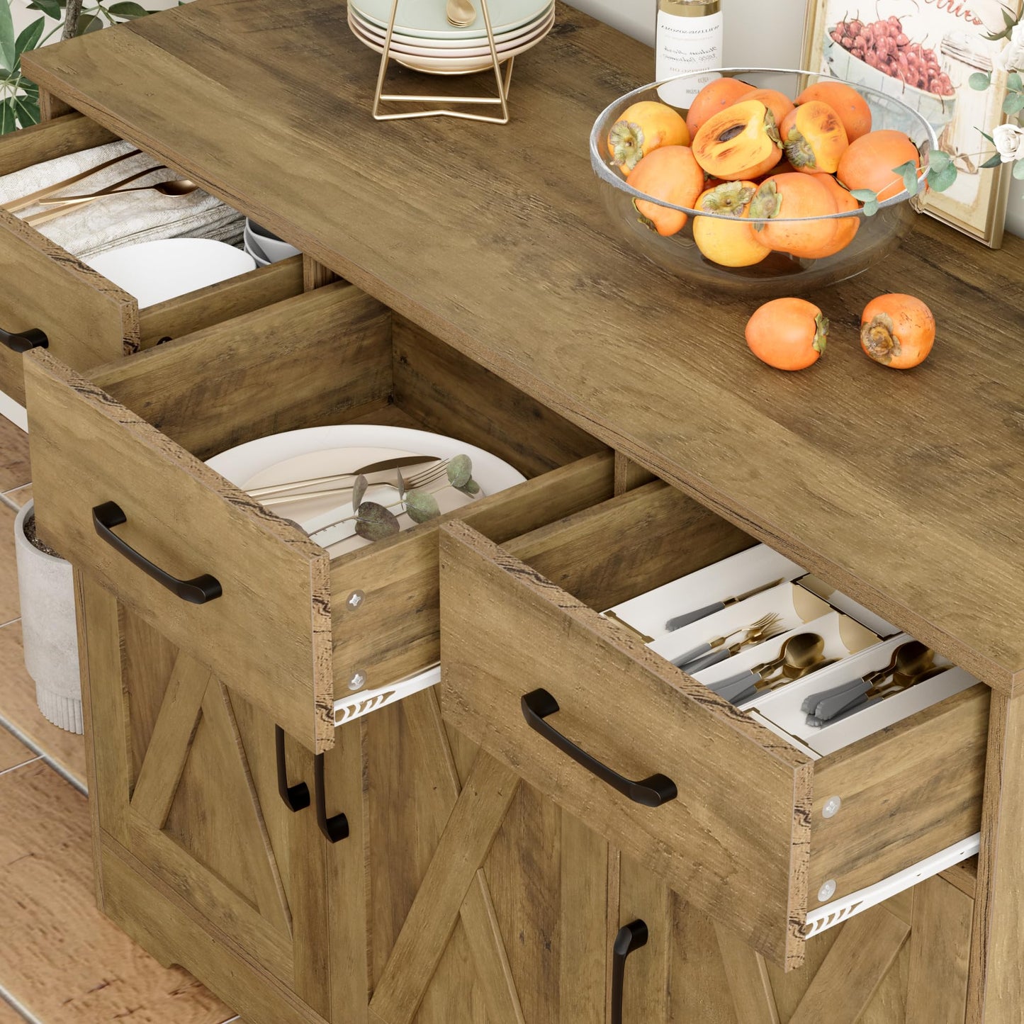 **HOSTACK Modern Farmhouse Buffet Sideboard Cabinet with Barn Doors, Drawers, and Shelves, Wood Coffee Bar Station for Dining Room, Kitchen, or Living Room, Rustic Brown**