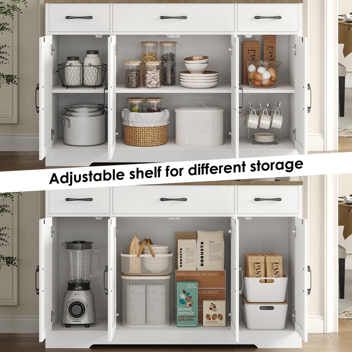 55" Large Buffet Sideboard Cabinet with Drawers, Shelves, and Doors, Modern Farmhouse Coffee Bar Station for Kitchen or Dining Room, White/Rustic