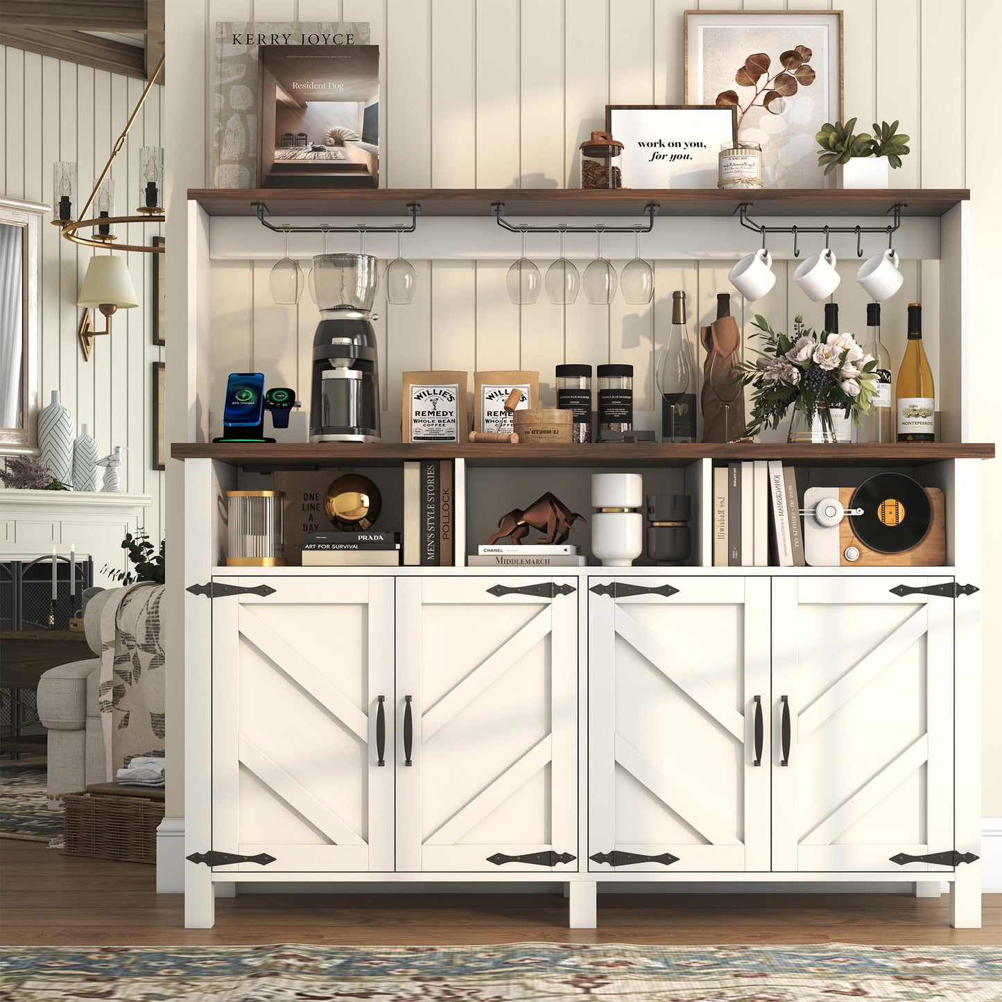 **Buffet Sideboard with Storage Hutch, 4-Door Farmhouse Kitchen Cabinet with Power Outlets, Wood Coffee Bar Cabinet with Goblet Holder and Cup Hooks for Kitchen, Dining Room, or Entryway**