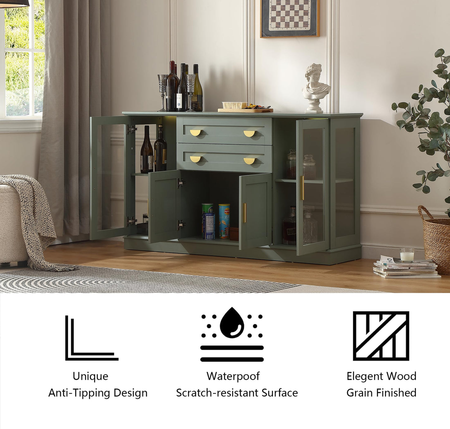 **58.27'' Buffet Cabinet with 2 Drawers and Adjustable Shelves, Large Glass Door Coffee Bar Cabinet, Modern Farmhouse Sideboard Credenza for Kitchen, Dining Room, Green**