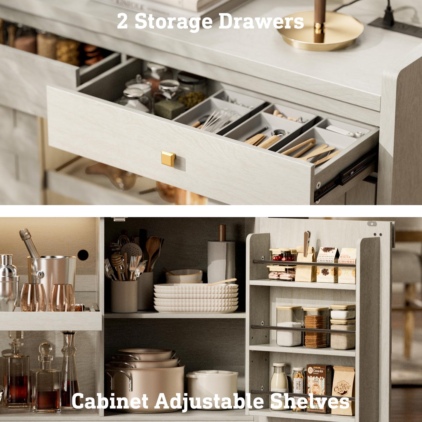 55" Fluted Sideboard Buffet Cabinet with Charging Station and LED Light, 2 Drawers, Pull-Out Shelf, and Spice Rack, Modern Kitchen Storage, White Oak