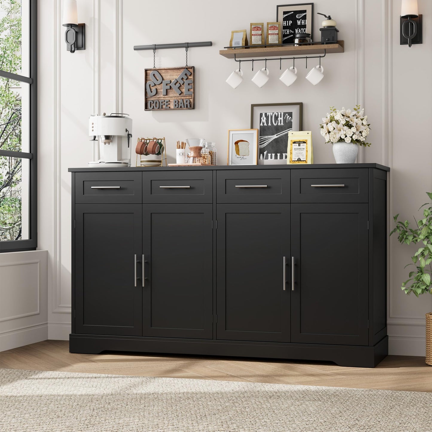 60" Large Buffet Sideboard with 4 Drawers and Storage, 36" Tall Modern Kitchen Cabinet with Silver Handles, Black