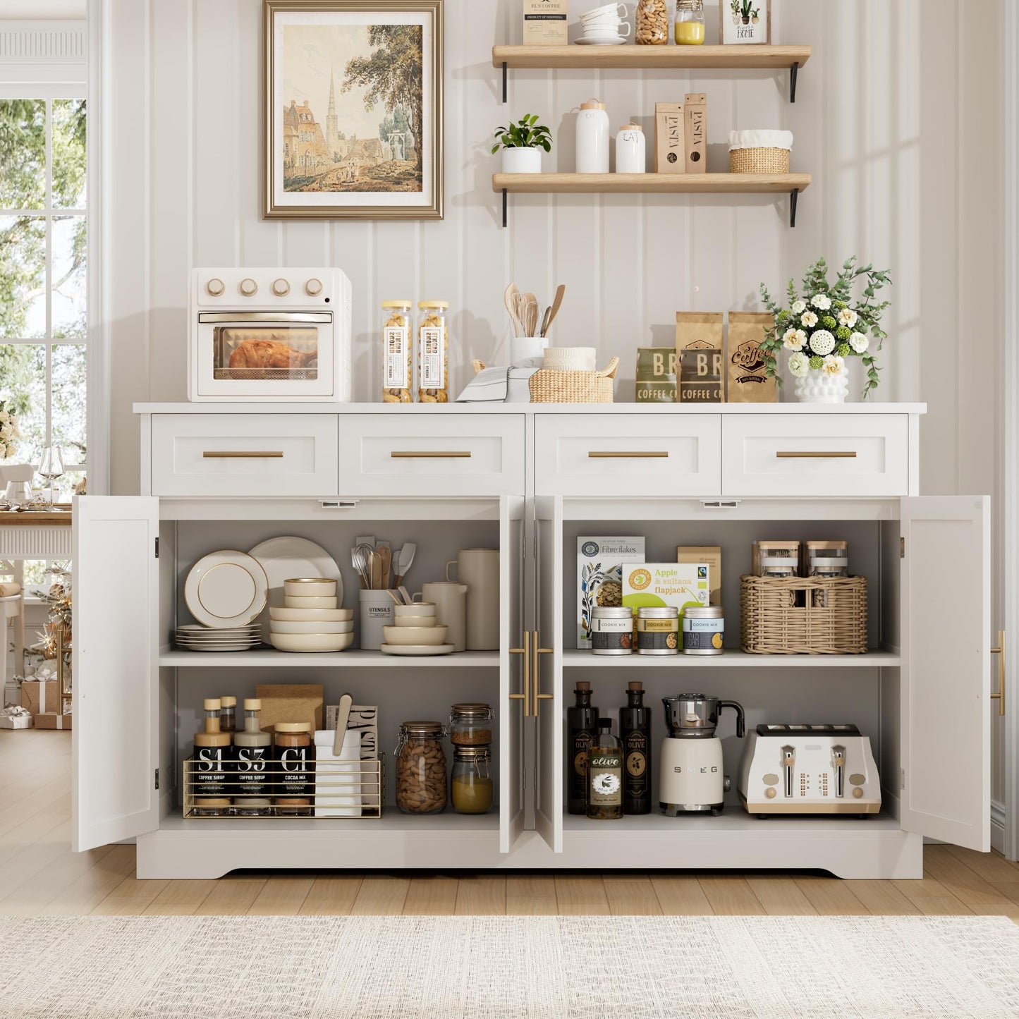 60" Large Buffet Sideboard with 4 Drawers and Storage, 36" Tall Modern Kitchen Cabinet with Gold Handles, White