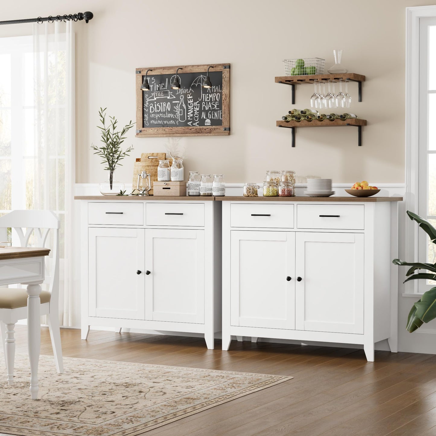 HORSTORS Modern Farmhouse Buffet Cabinet with Storage, Kitchen Sideboard Coffee Bar with 2 Drawers and 2 Doors, Floor Storage Cabinet for Living Room, Dining Room, or Bathroom, Ivory White
