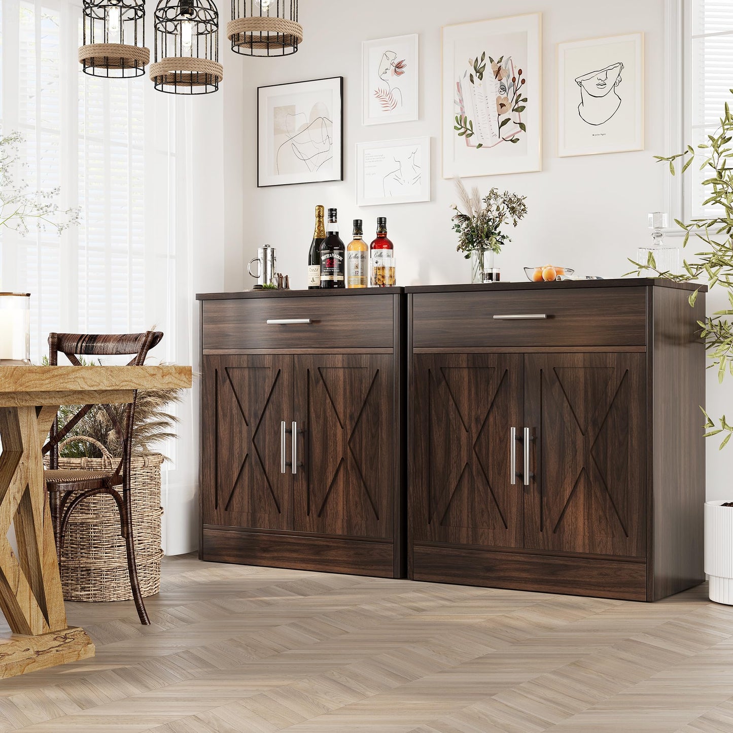 Modern Sideboard Buffet Cabinet with 1 Drawer and 2 Doors, Wood Coffee Bar Storage for Kitchen or Dining Room, Rustic Brown