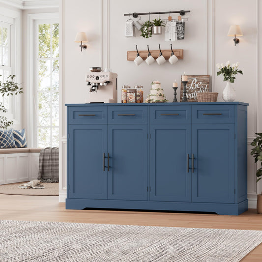 60" Large Buffet Sideboard with 4 Drawers and Storage, 36" Tall Modern Kitchen Cabinet with Silver Handles, Black