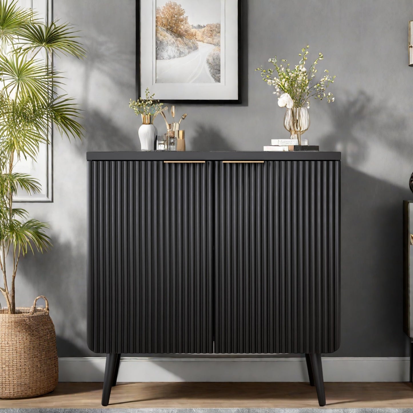 Fluted Buffet Cabinet with Doors and Shelves, Modern Wood Sideboard Coffee Bar Storage for Kitchen, Dining, and Living Room, Black