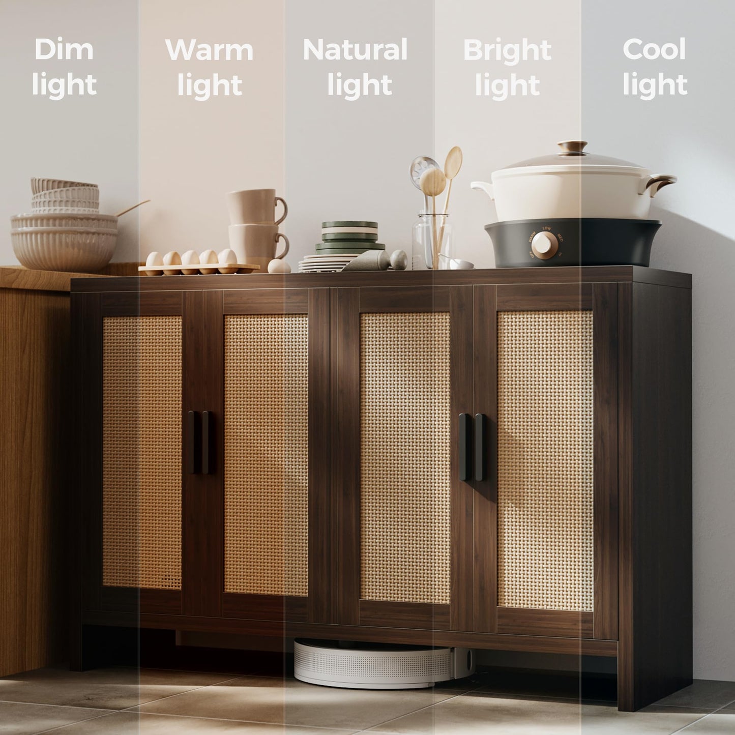 **Rattan Buffet Cabinet with Storage, Sideboard with Doors and Adjustable Shelves, Farmhouse Coffee Bar Station, Modern