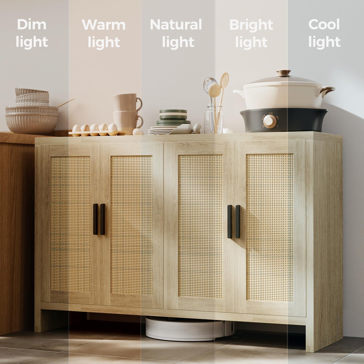 **Rattan Buffet Cabinet with Storage, Sideboard with Doors, TV Stand, Farmhouse Coffee Bar, Modern Wood Storage Cabinet for Living Room, Kitchen, or Dining Room, Oak**